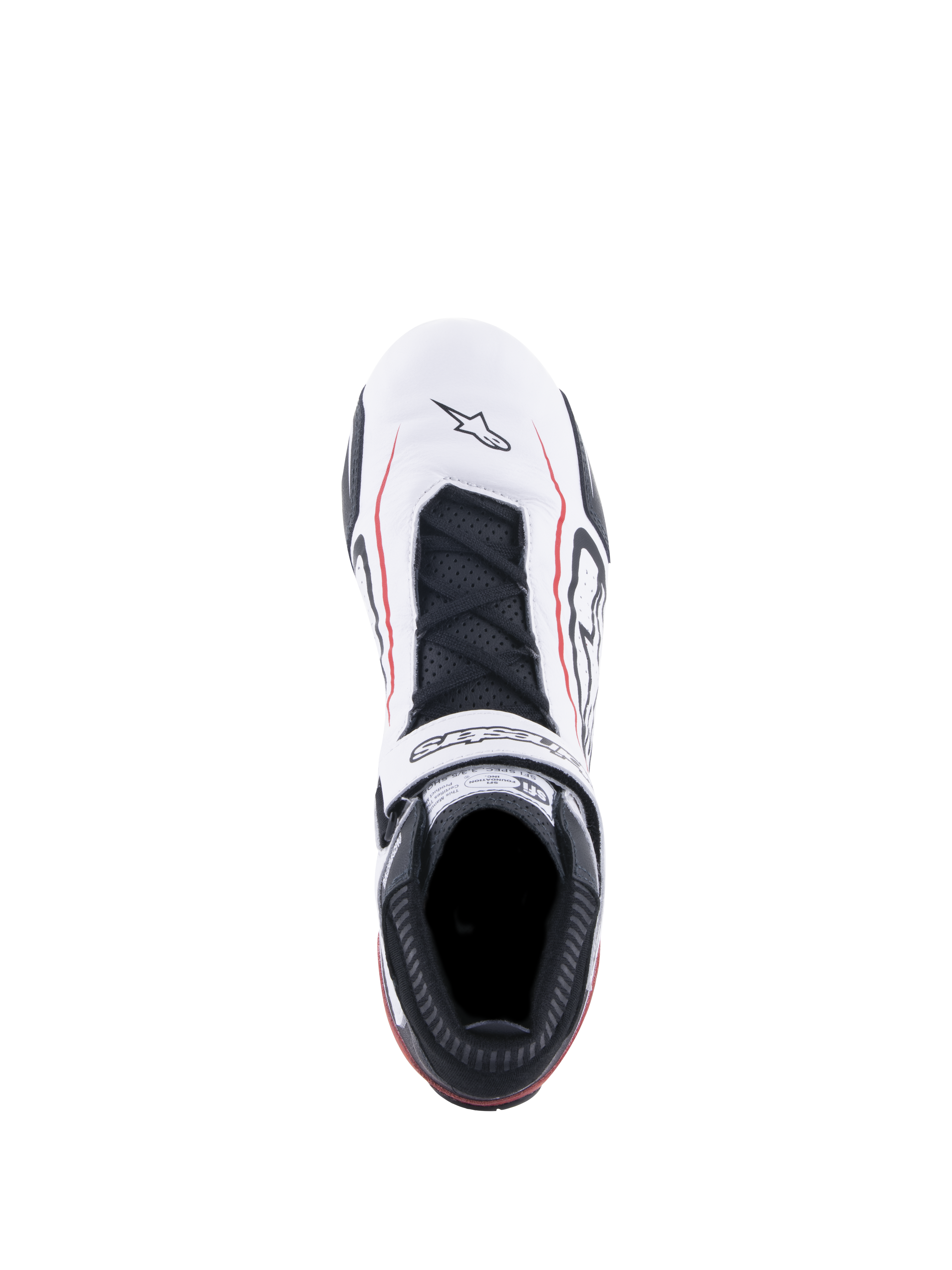 Alpinestars Tech-1 T V3 Shoes FIA, buty wyścigowe, białe, czarne i czerwone, widok z góry przedstawiający białą skórzaną cholewkę z czerwonymi liniami akcentującymi, czarne sznurówki, logowany pasek na rzep oraz etykietę certyfikacji SFI na języku