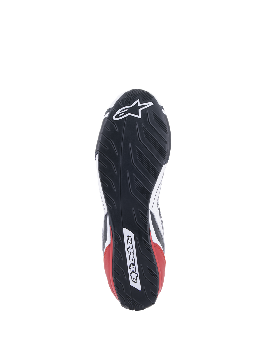 Alpinestars Tech-1 T V3 Shoes FIA, buty wyścigowe, białe, czarne i czerwone, szczegółowy widok asymetrycznej gumowej podeszwy inspirowanej bieżnikiem opony, z logo i logotypem Alpinestars, odporna na oleje i wodę konstrukcja podeszwy zewnętrznej