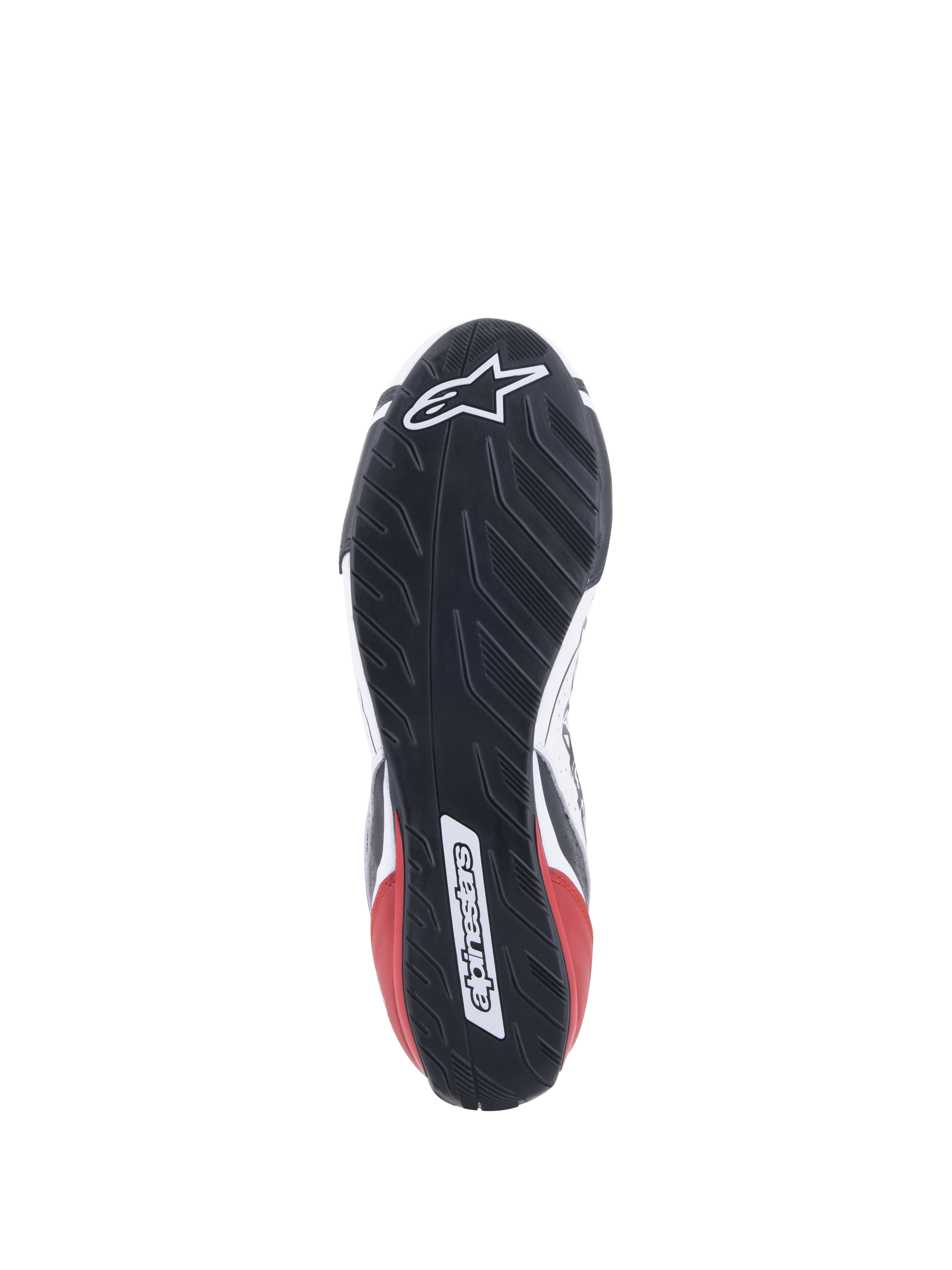 Alpinestars Tech-1 T V3 Shoes FIA, buty wyścigowe, białe, czarne i czerwone, szczegółowy widok asymetrycznej gumowej podeszwy inspirowanej bieżnikiem opony, z logo i logotypem Alpinestars, odporna na oleje i wodę konstrukcja podeszwy zewnętrznej