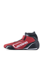 Alpinestars Tech-1 T V3 Shoes FIA, Auto Racing Shoes, Red Black and White, side profile view featuring bold white ASTARS branding, hook-and-loop closure strap, and fireproof elastic collar, professional motorsport footwear with bovine leather construction.