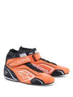 Buty Alpinestars Tech-1 T V3, buty do wyścigów samochodowych, pomarańczowy fluo, czarny i biały, profesjonalne wysokie obuwie skórzane z paskami na rzep nad sznurowadłami, białe logo Alpinestars i czarne panele ochronne do sportów motorowych