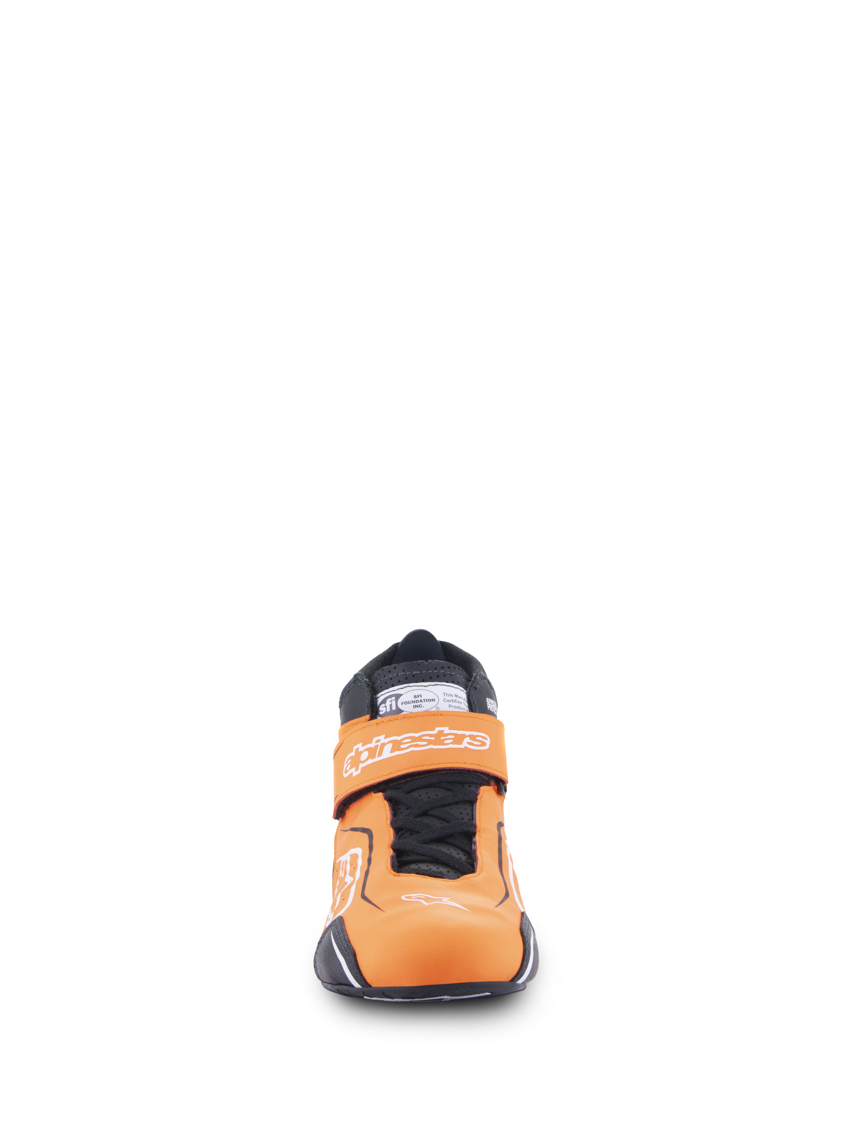 Buty Alpinestars Tech-1 T V3 FIA, buty wyścigowe, fluorescencyjny pomarańczowy, czarny i biały, widok z przodu przedstawiający pasek na rzep z brandingiem Alpinestars, czarne sznurowadła i etykietę certyfikacji SFI na języku