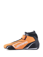 Buty Alpinestars Tech-1 T V3 FIA, buty wyścigowe, pomarańczowy fluo, czarny i biały, widok z boku, konstrukcja ze skóry bydlęcej, pasek na rzep na kostce, białe logo Astars