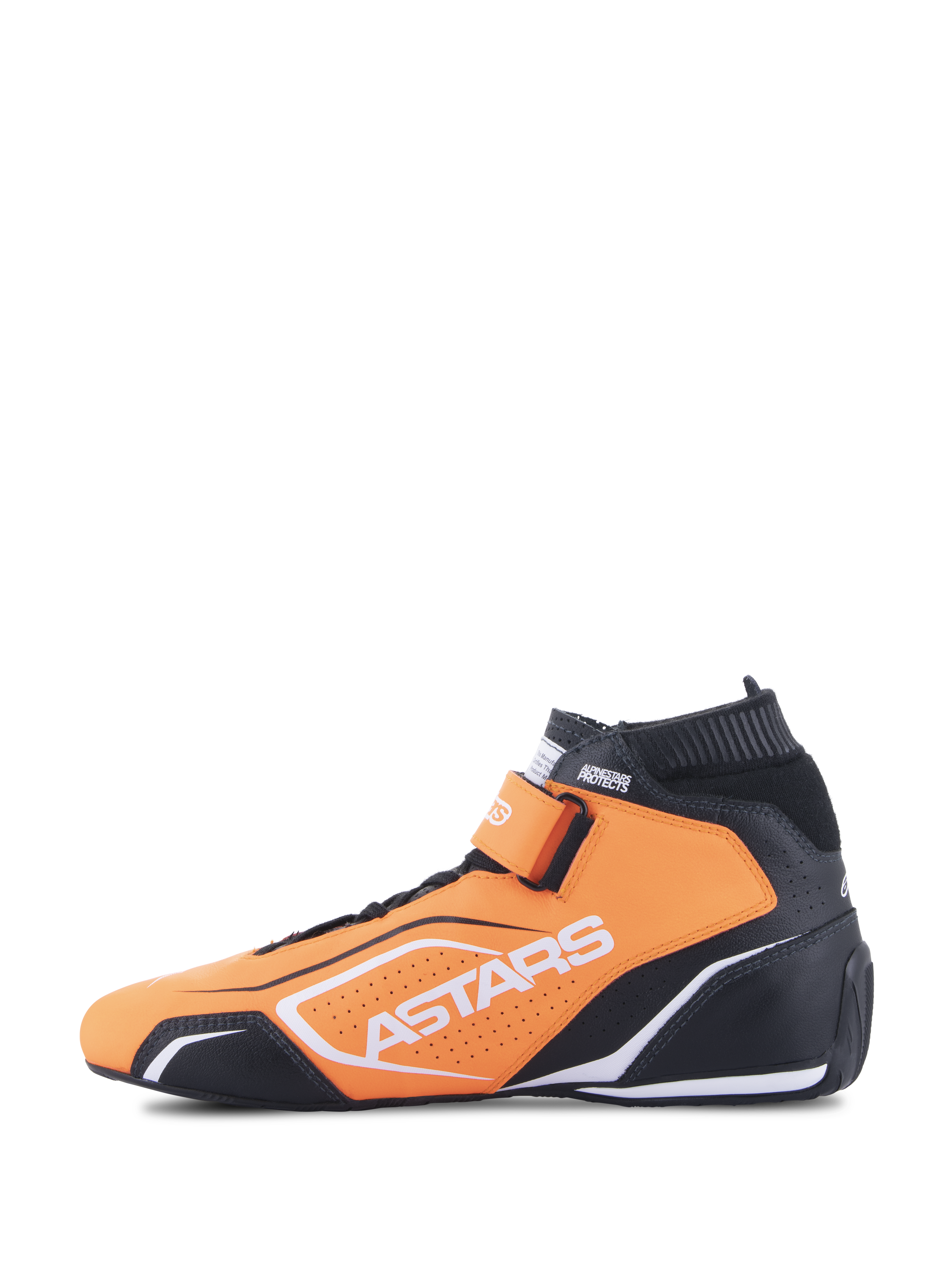 Buty Alpinestars Tech-1 T V3 FIA, buty wyścigowe, pomarańczowy fluo, czarny i biały, widok z boku, konstrukcja ze skóry bydlęcej, pasek na rzep na kostce, białe logo Astars