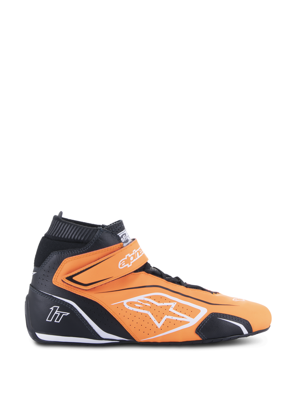 Alpinestars Tech-1 T V3 FIA, buty wyścigowe, fluorescencyjne pomarańczowe i czarne, wysokie obuwie motorsportowe z białymi akcentami i paskiem na rzep, perforowana skóra zapewniająca oddychalność, widok z boku