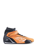 Alpinestars Tech-1 T V3 FIA, buty wyścigowe, fluorescencyjne pomarańczowe i czarne, wysokie obuwie motorsportowe z białymi akcentami i paskiem na rzep, perforowana skóra zapewniająca oddychalność, widok z boku