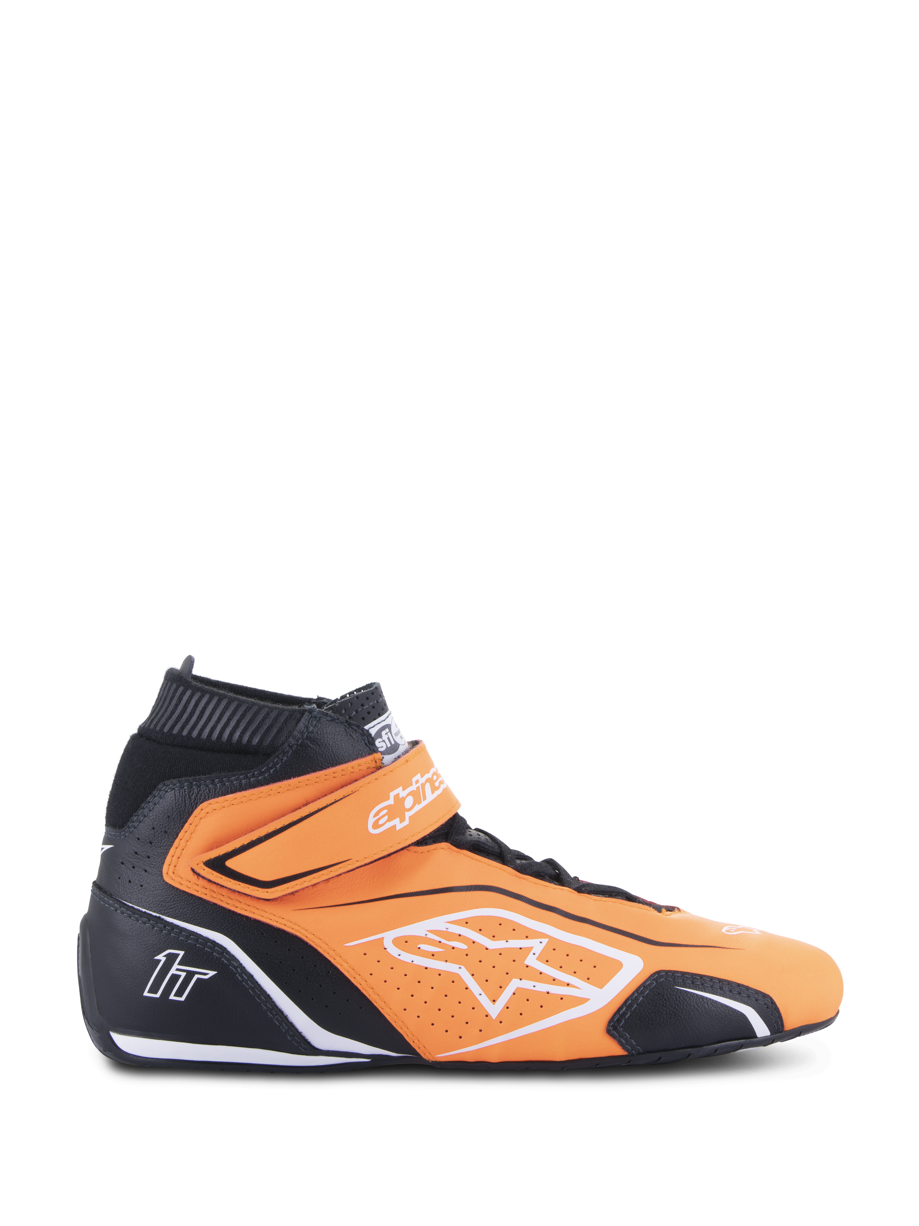 Alpinestars Tech-1 T V3 FIA, buty wyścigowe, fluorescencyjne pomarańczowe i czarne, wysokie obuwie motorsportowe z białymi akcentami i paskiem na rzep, perforowana skóra zapewniająca oddychalność, widok z boku