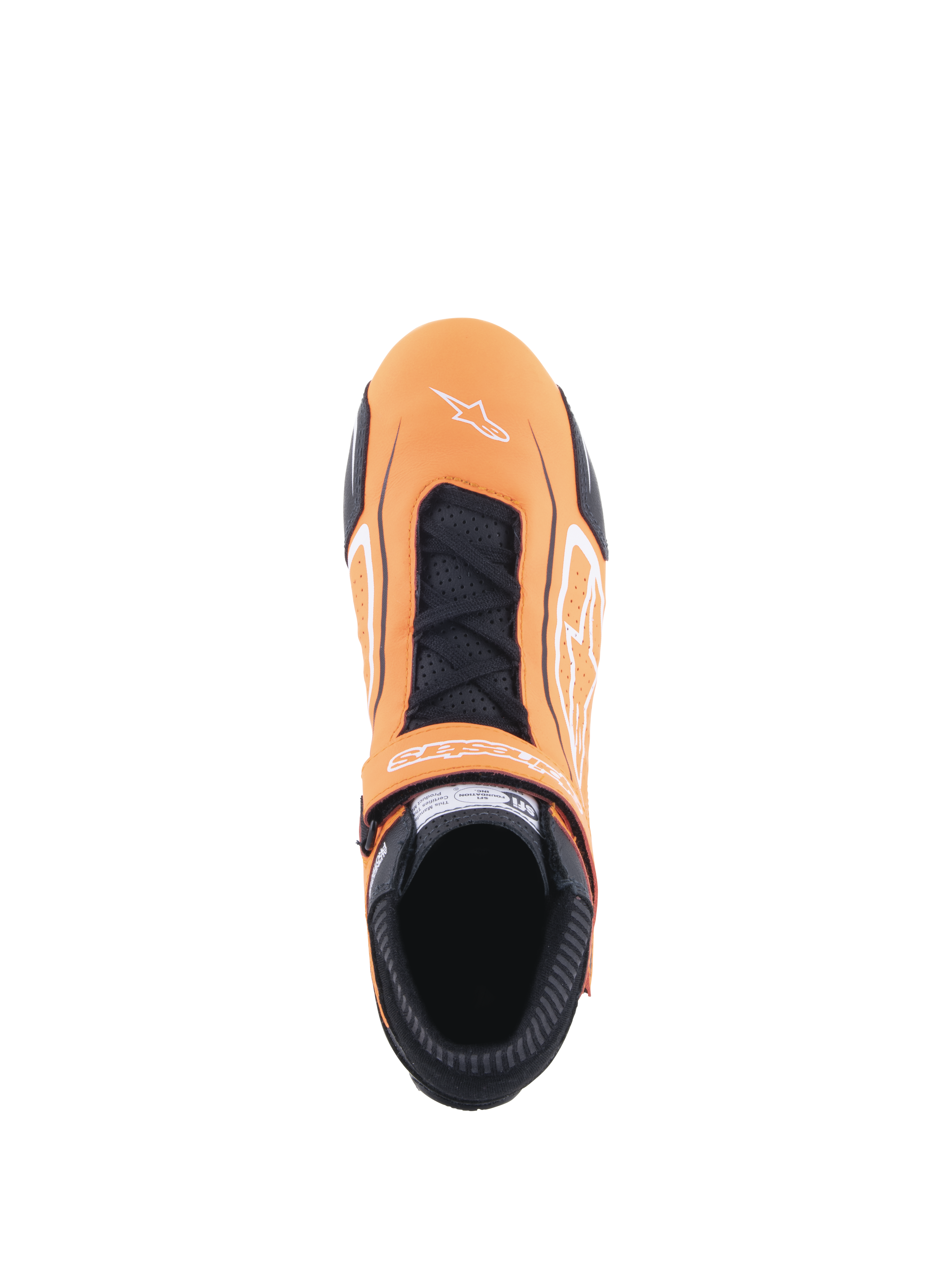 Buty Alpinestars Tech-1 T V3, buty wyścigowe, pomarańczowy fluo, czarny i biały, widok z góry pokazujący sznurowanie i pasek na rzep, białe logo Alpinestars na czubku, perforowane panele skórzane i czarny ognioodporny kołnierz
