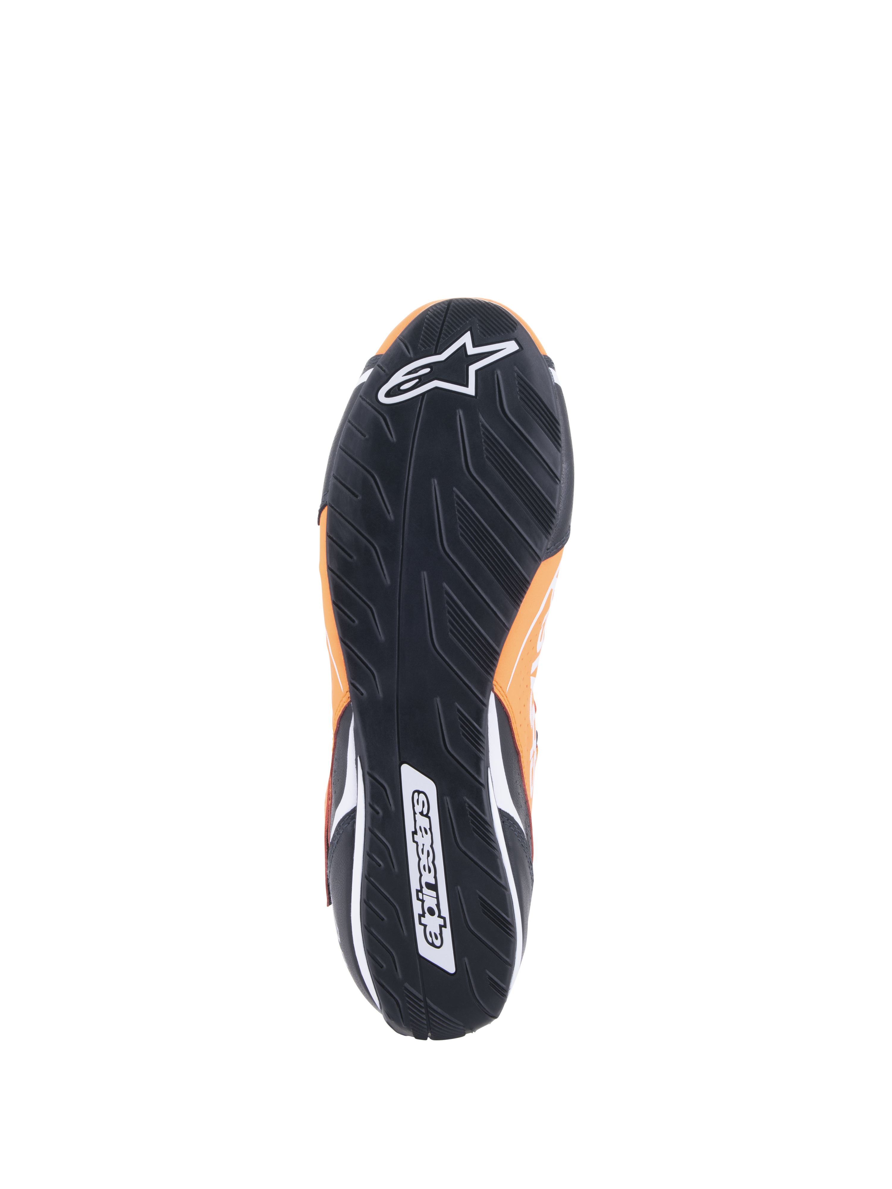 Buty Alpinestars Tech-1 T V3 FIA, Orange Fluo Black White, widok od dołu przedstawiający czarną gumową podeszwę z asymetrycznym wzorem bieżnika, białe logo na nosku i napis na pięcie