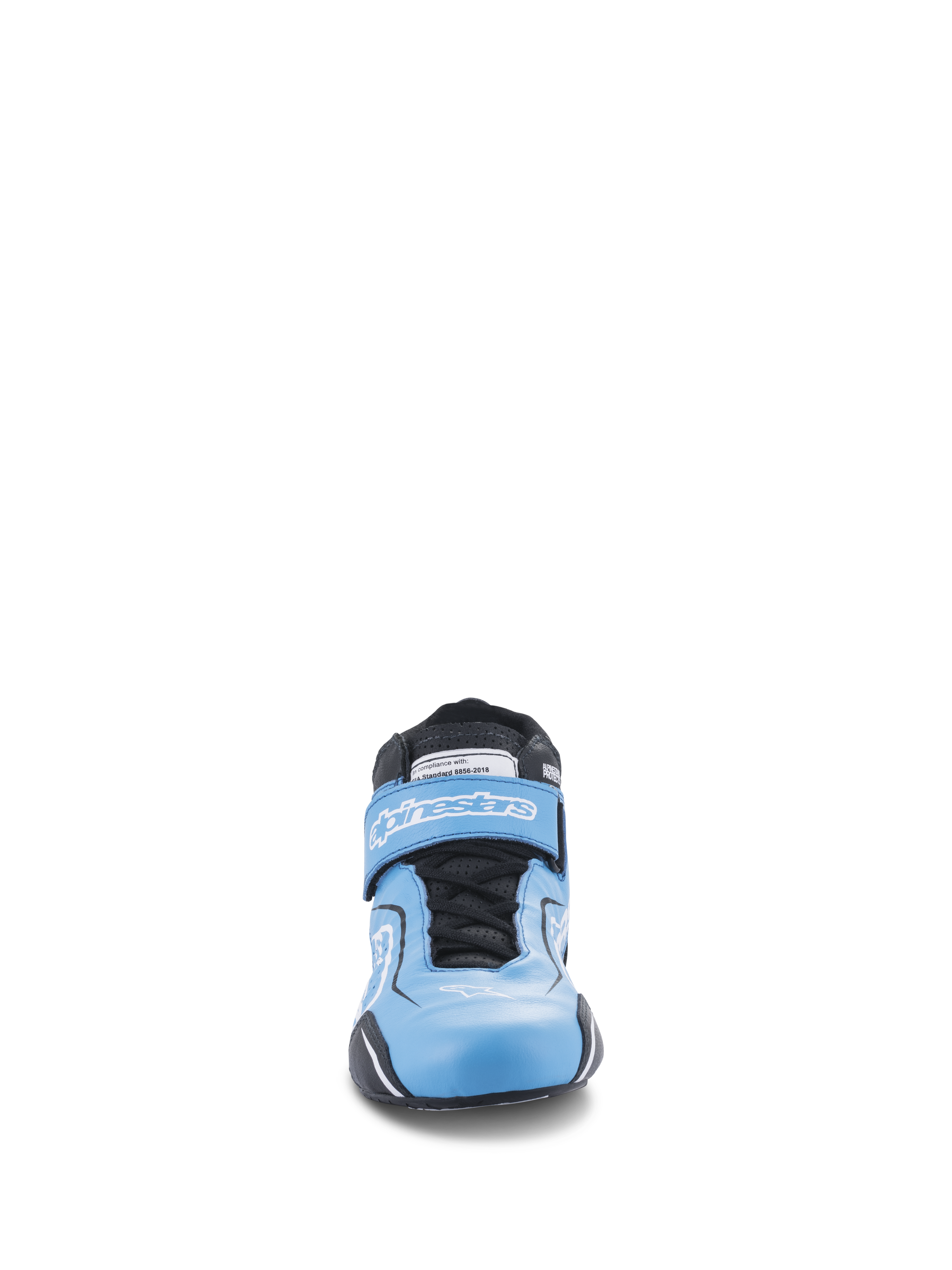 Alpinestars Tech-1 T V3 Shoes FIA, Auto Racing Shoes, Light Blue with Black and White accents, front-facing view showing the dual closure system with laces and a hook-and-loop strap, high-performance leather driving footwear