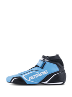 Alpinestars Tech-1 T V3 Shoes FIA, Auto Racing Shoes, Light Blue Black and White, featuring ASTARS branding, perforated leather panels, and a streamlined racing silhouette.