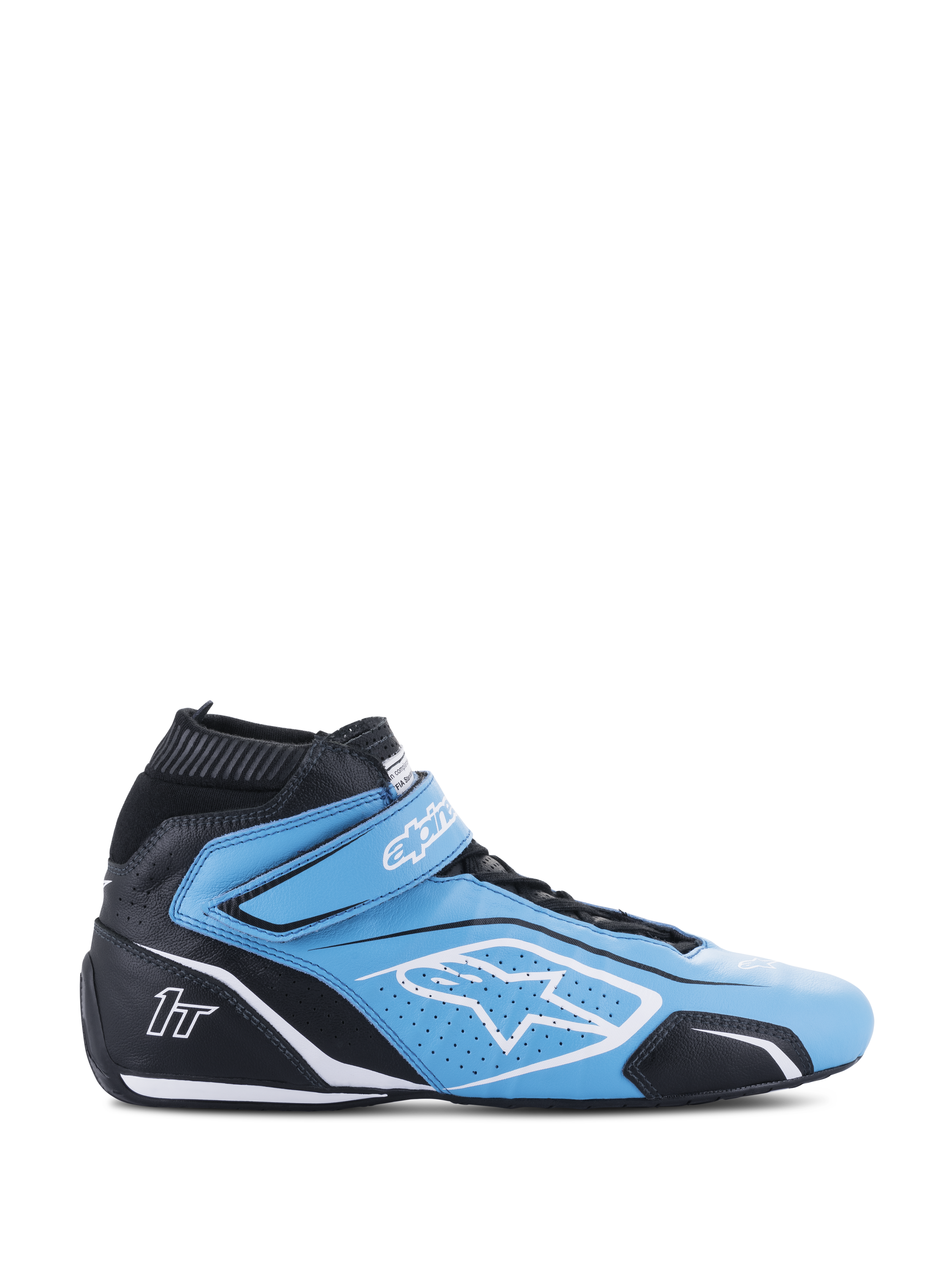 Alpinestars Tech-1 T V3 Shoes FIA, high-top auto racing shoe, light blue and black with white accents, side view featuring a Velcro strap, white star logo, perforated leather construction, and a thin performance outsole