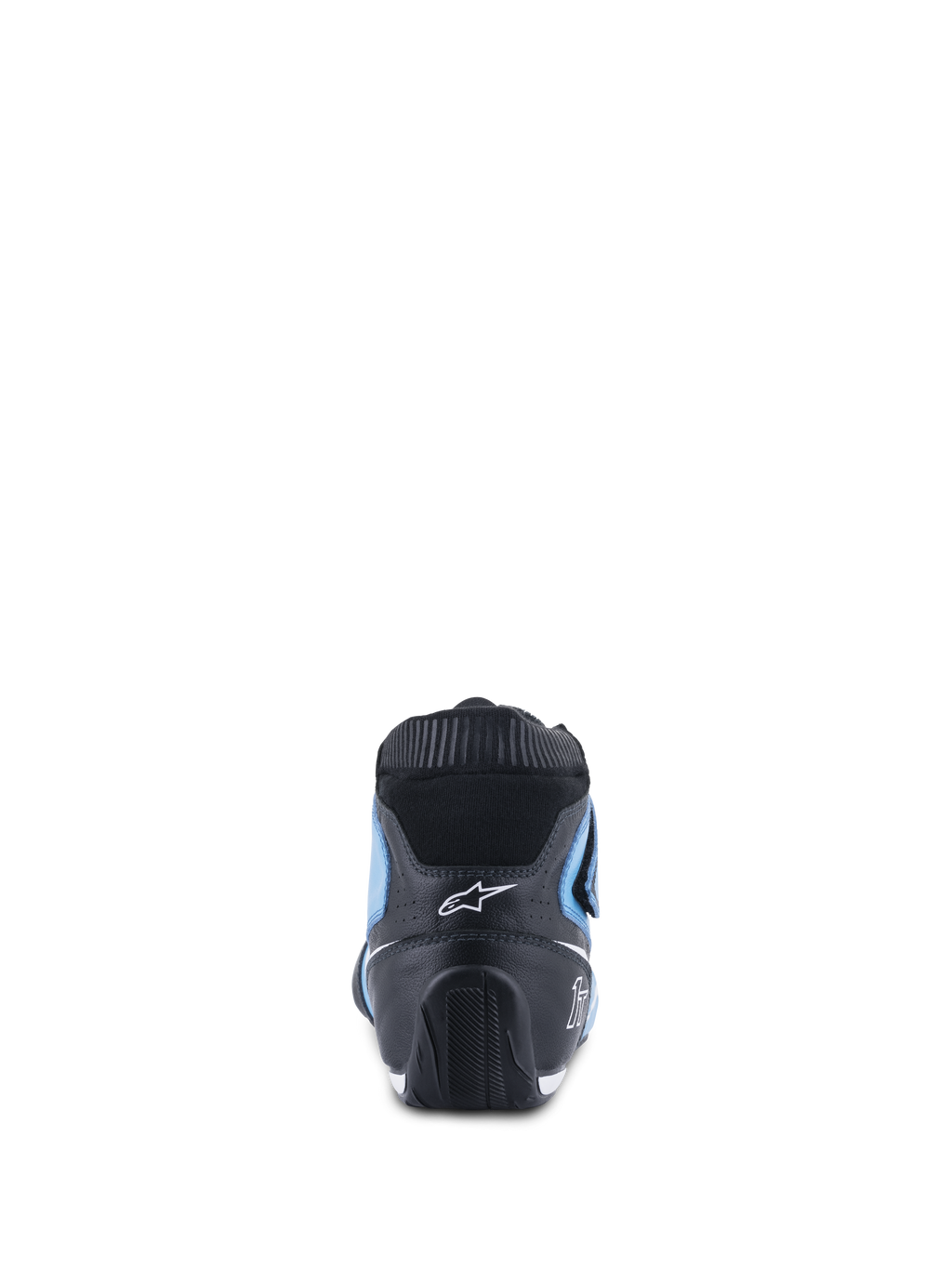 Alpinestars Tech-1 T V3 Shoes FIA, Auto Racing Shoes, Light Blue Black and White, rear view featuring the black leather heel, light blue side panels, and black elastic fireproof collar, sleek ergonomic design with white Alpinestars logo