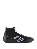 Buty Alpinestars Supertech, certyfikowane buty wyścigowe FIA/SFI, czarne z białym logo gwiazdy Alpinestars, wysoki fason z dzianinową cholewką i zapiętkiem z włókna węglowego, profesjonalne obuwie do sportów motorowych