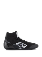 Buty Alpinestars Supertech, certyfikowane buty wyścigowe FIA/SFI, czarne z białym logo gwiazdy Alpinestars, wysoki fason z dzianinową cholewką i zapiętkiem z włókna węglowego, profesjonalne obuwie do sportów motorowych