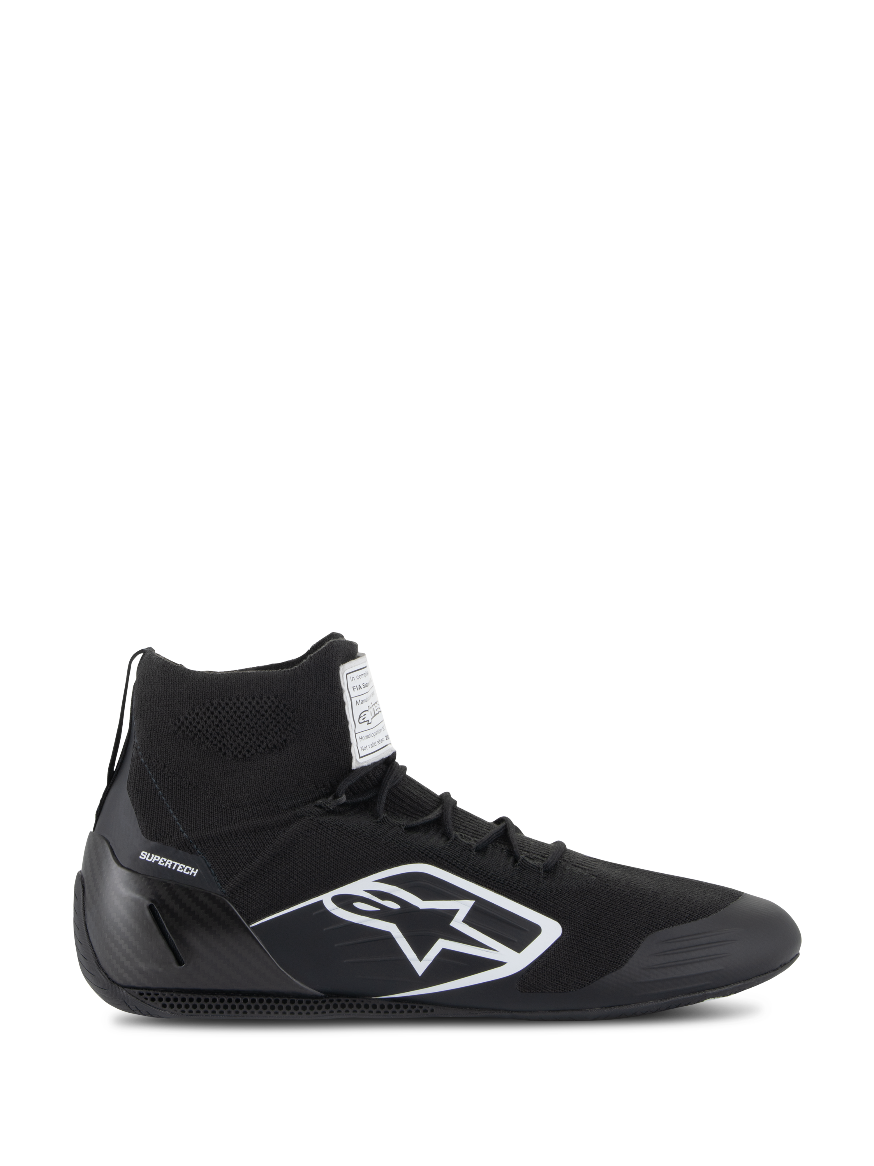 Buty Alpinestars Supertech, certyfikowane buty wyścigowe FIA/SFI, czarne z białym logo gwiazdy Alpinestars, wysoki fason z dzianinową cholewką i zapiętkiem z włókna węglowego, profesjonalne obuwie do sportów motorowych