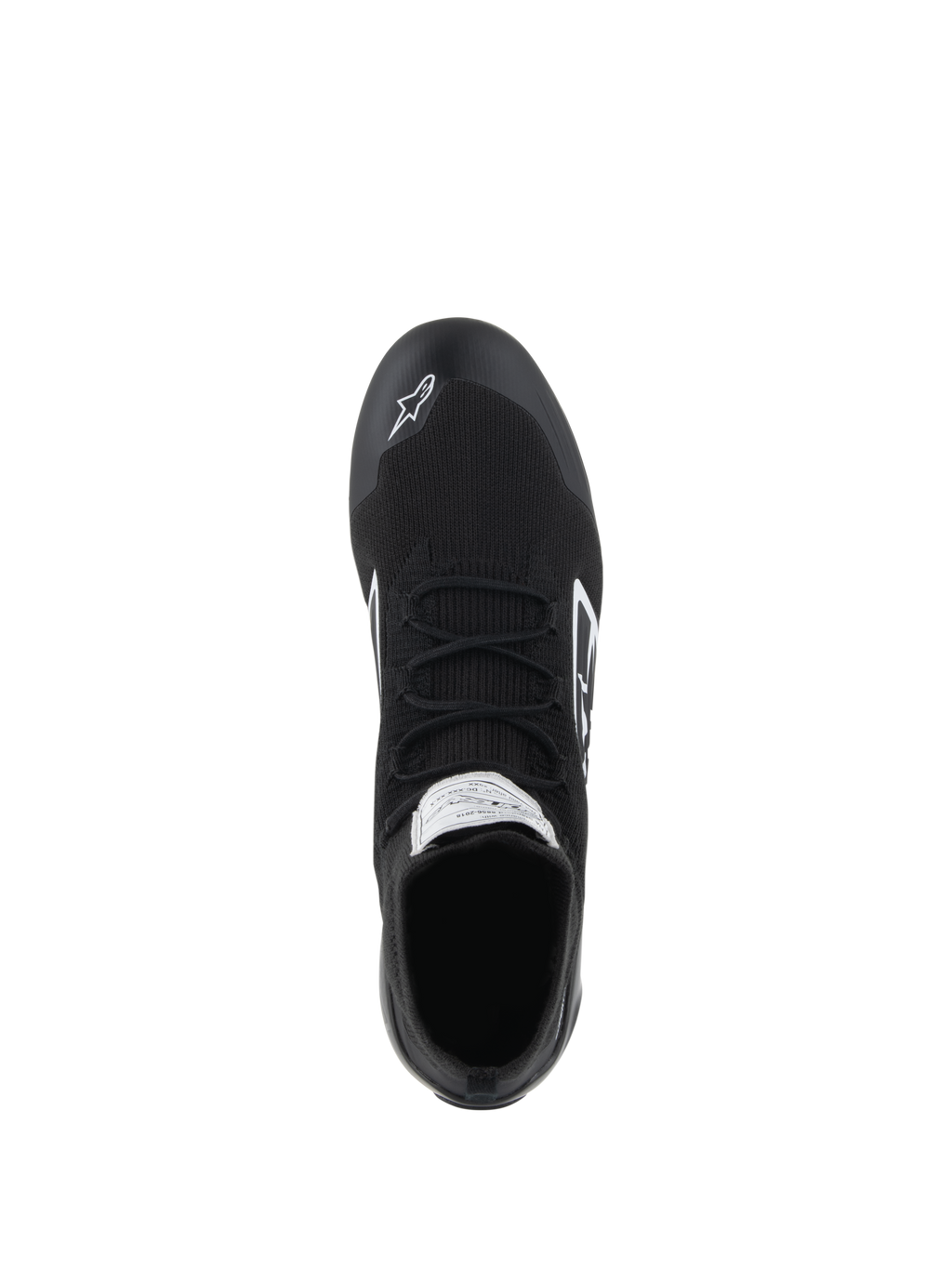 Alpinestars Supertech Shoes - FIA/SFI, buty samochodowe, czarne, widok z góry pokazujący w pełni dzianinową cholewkę aramidową, płaskie sznurowadła i białe logo Alpinestars na nosku, profesjonalne obuwie do sportów motorowych