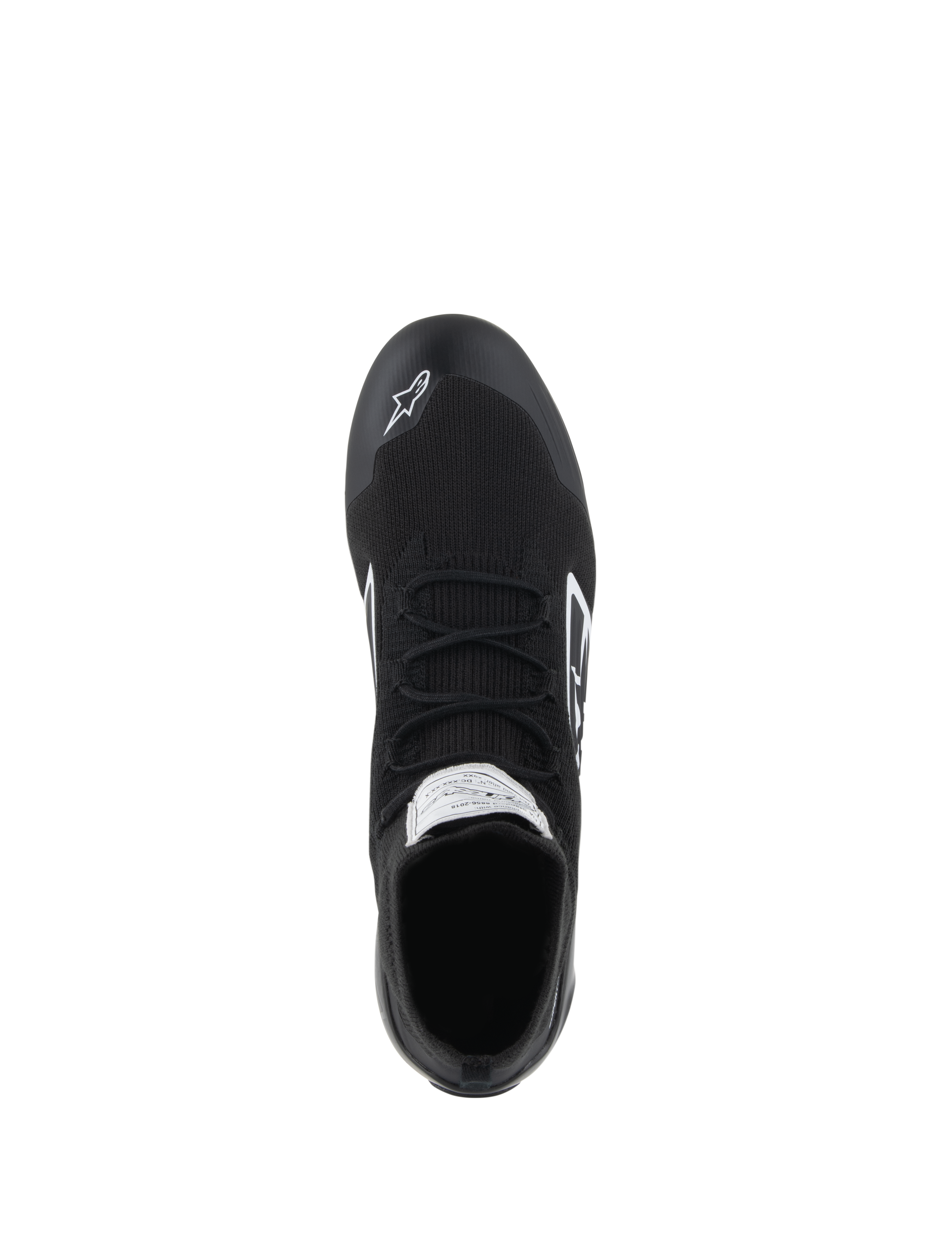 Alpinestars Supertech Shoes - FIA/SFI, buty samochodowe, czarne, widok z góry pokazujący w pełni dzianinową cholewkę aramidową, płaskie sznurowadła i białe logo Alpinestars na nosku, profesjonalne obuwie do sportów motorowych