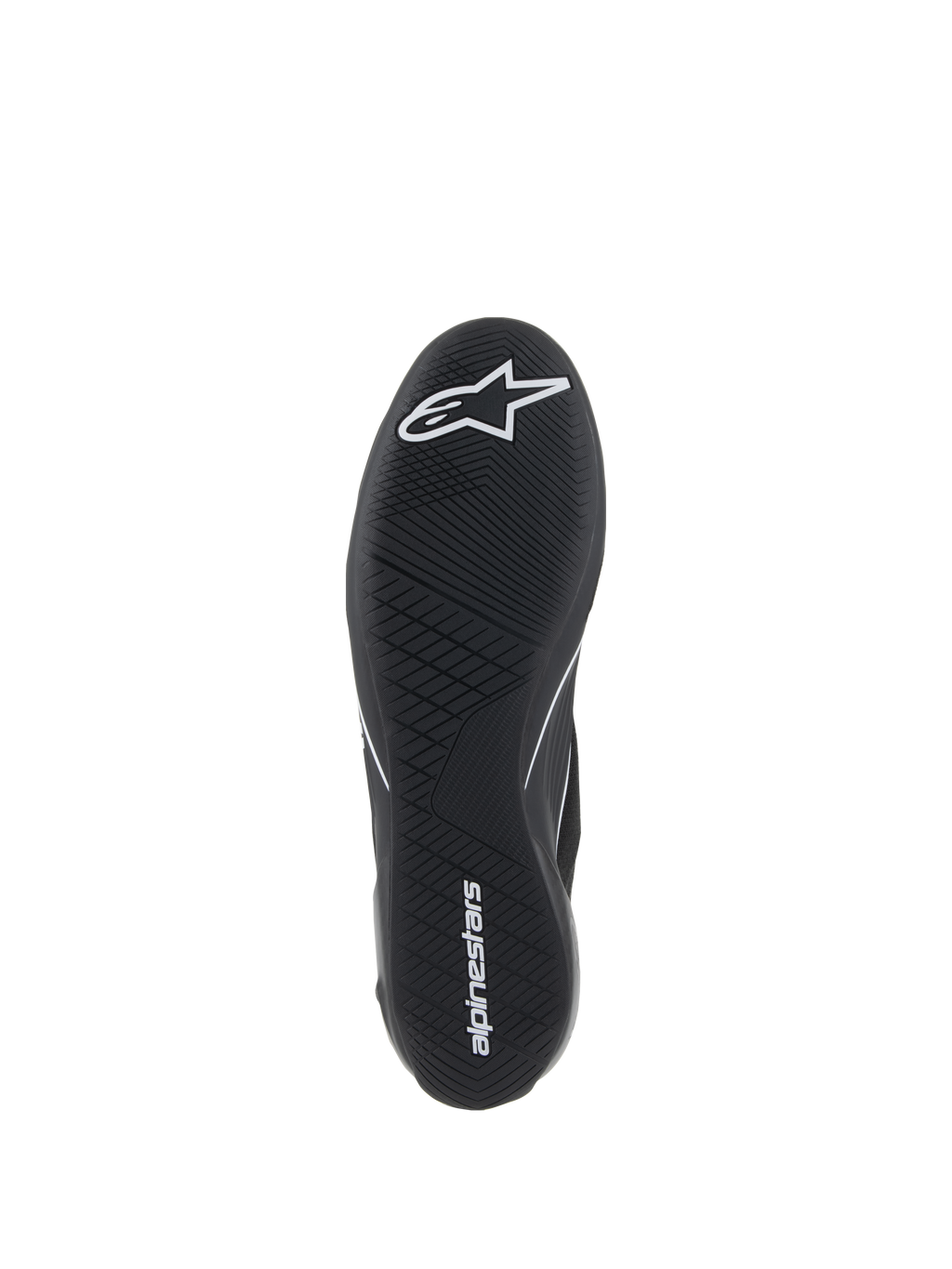 Buty Alpinestars Supertech, buty wyścigowe, czarne, widok od dołu na ultracienką gumową podeszwę zewnętrzną z białym logo gwiazdy i napisem alpinestars, asymetryczny wzór bieżnika zapewniający wyczucie pedałów i przyczepność