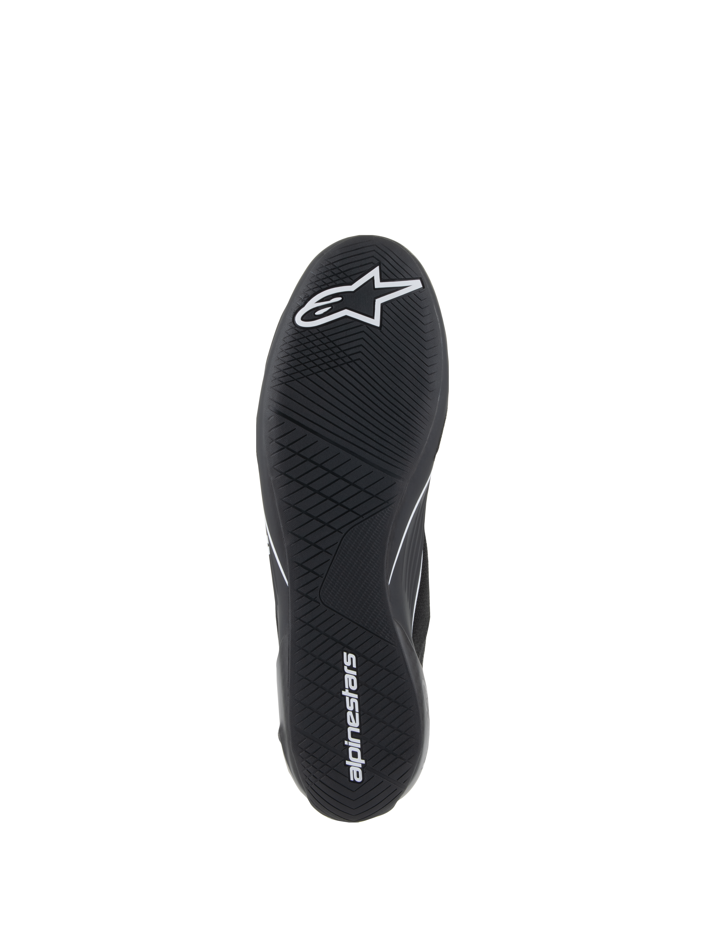 Buty Alpinestars Supertech, buty wyścigowe, czarne, widok od dołu na ultracienką gumową podeszwę zewnętrzną z białym logo gwiazdy i napisem alpinestars, asymetryczny wzór bieżnika zapewniający wyczucie pedałów i przyczepność