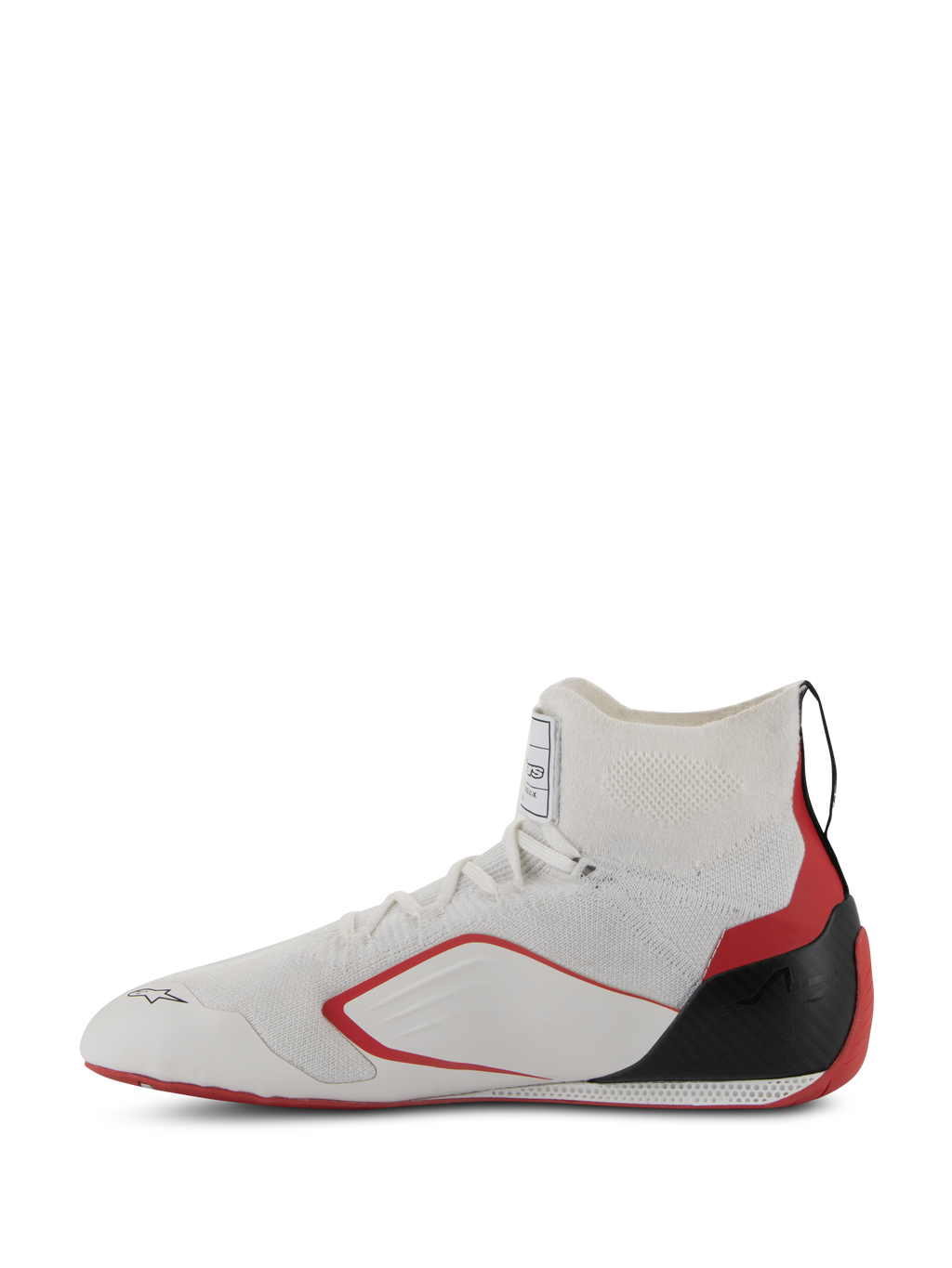 Buty Alpinestars Supertech - FIA/SFI, buty wyścigowe, biało-czerwono-czarne, widok z boku ukazujący dzianinową konstrukcję cholewki, czerwone boczne akcenty i czarną osłonę pięty z włókna węglowego