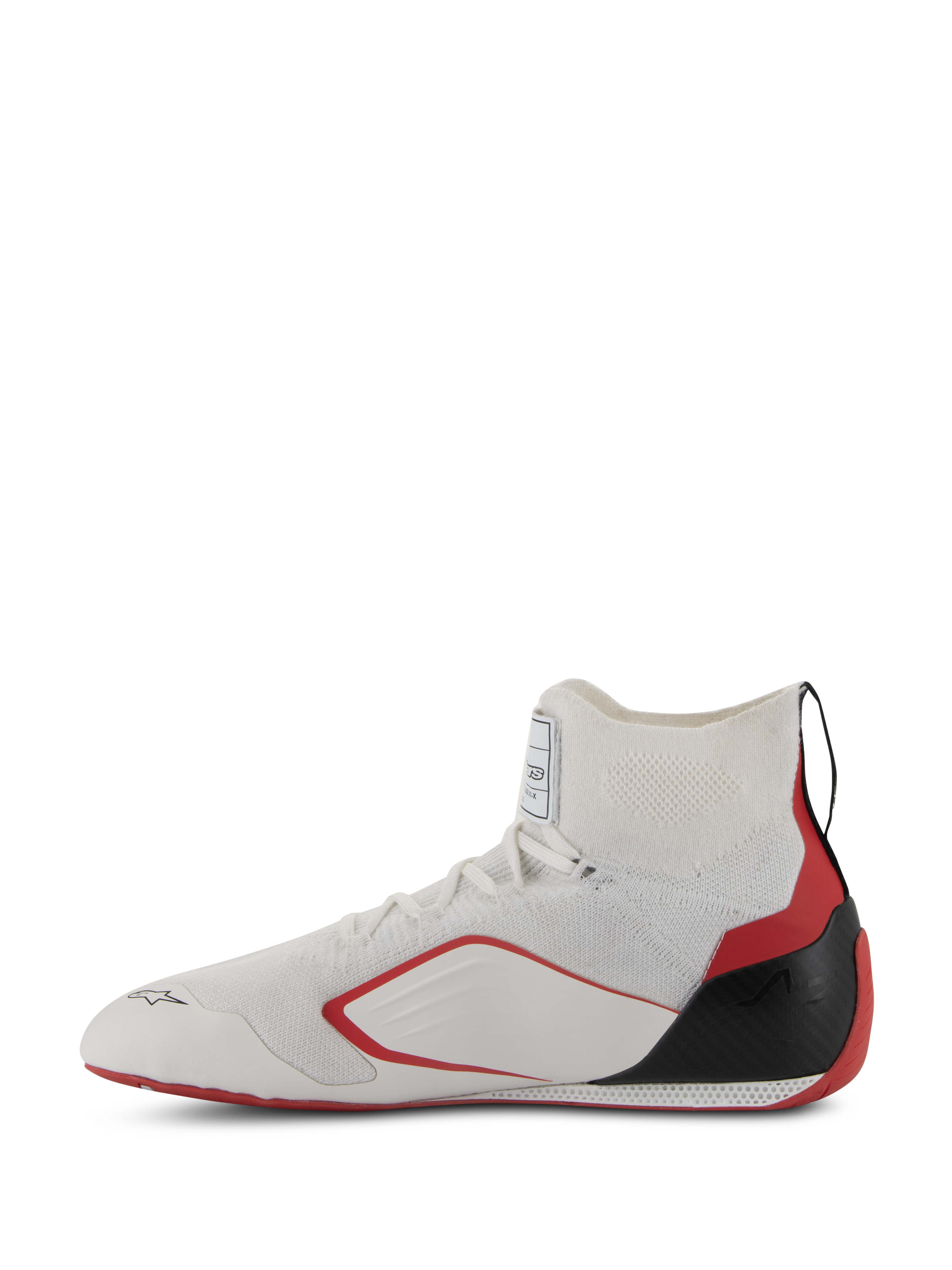 Buty Alpinestars Supertech - FIA/SFI, buty wyścigowe, biało-czerwono-czarne, widok z boku ukazujący dzianinową konstrukcję cholewki, czerwone boczne akcenty i czarną osłonę pięty z włókna węglowego