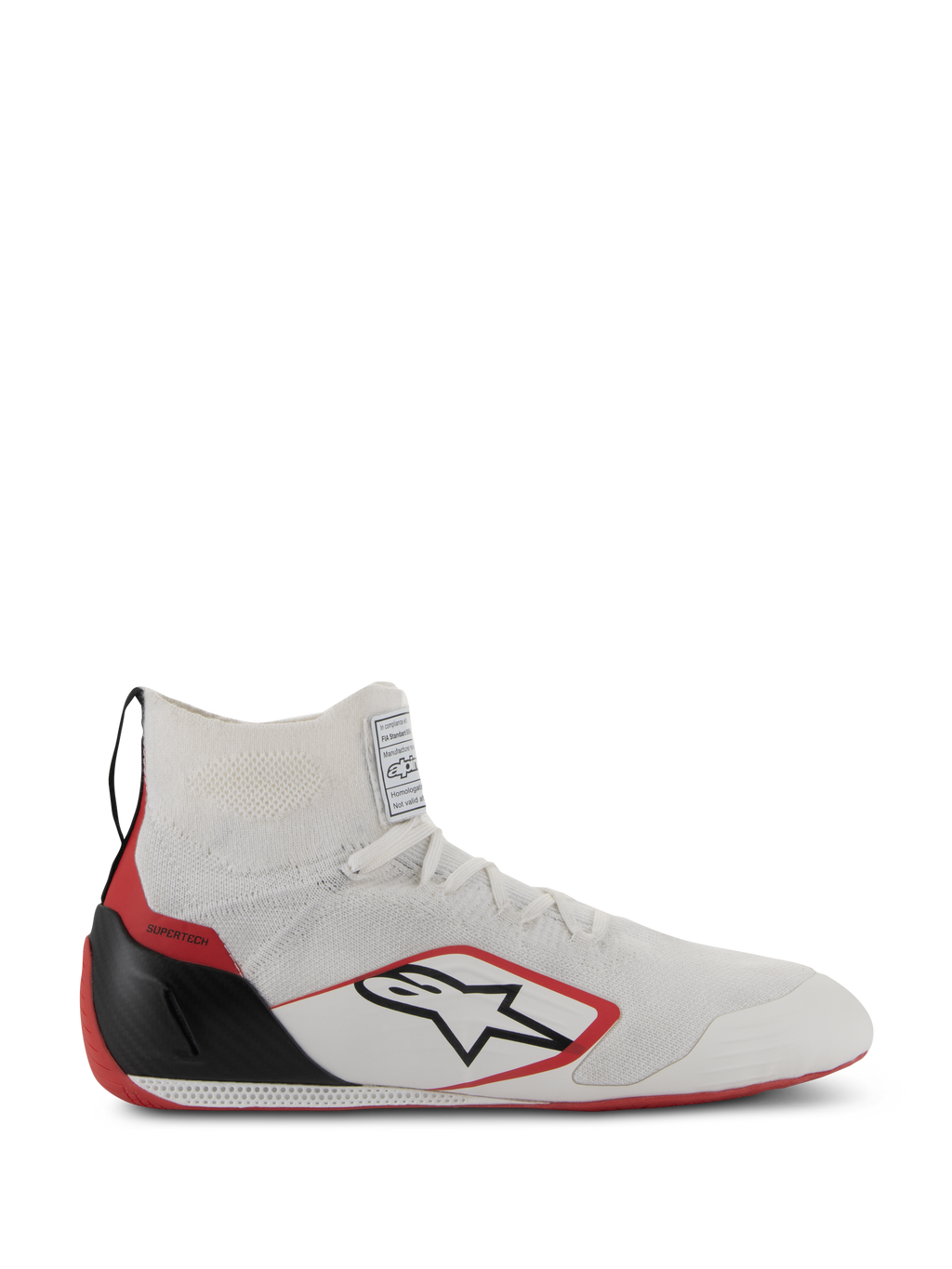Alpinestars Supertech Shoes, buty wyścigowe z certyfikatem FIA/SFI, białe z czerwonymi i czarnymi akcentami, dzianinowa cholewka, karbonowa osłona pięty, czerwona podeszwa, smukła wysoka konstrukcja dla profesjonalnego motorsportu
