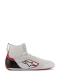 Alpinestars Supertech Shoes, buty wyścigowe z certyfikatem FIA/SFI, białe z czerwonymi i czarnymi akcentami, dzianinowa cholewka, karbonowa osłona pięty, czerwona podeszwa, smukła wysoka konstrukcja dla profesjonalnego motorsportu