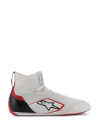 Alpinestars Supertech Shoes, buty wyścigowe z certyfikatem FIA/SFI, białe z czerwonymi i czarnymi akcentami, dzianinowa cholewka, karbonowa osłona pięty, czerwona podeszwa, smukła wysoka konstrukcja dla profesjonalnego motorsportu