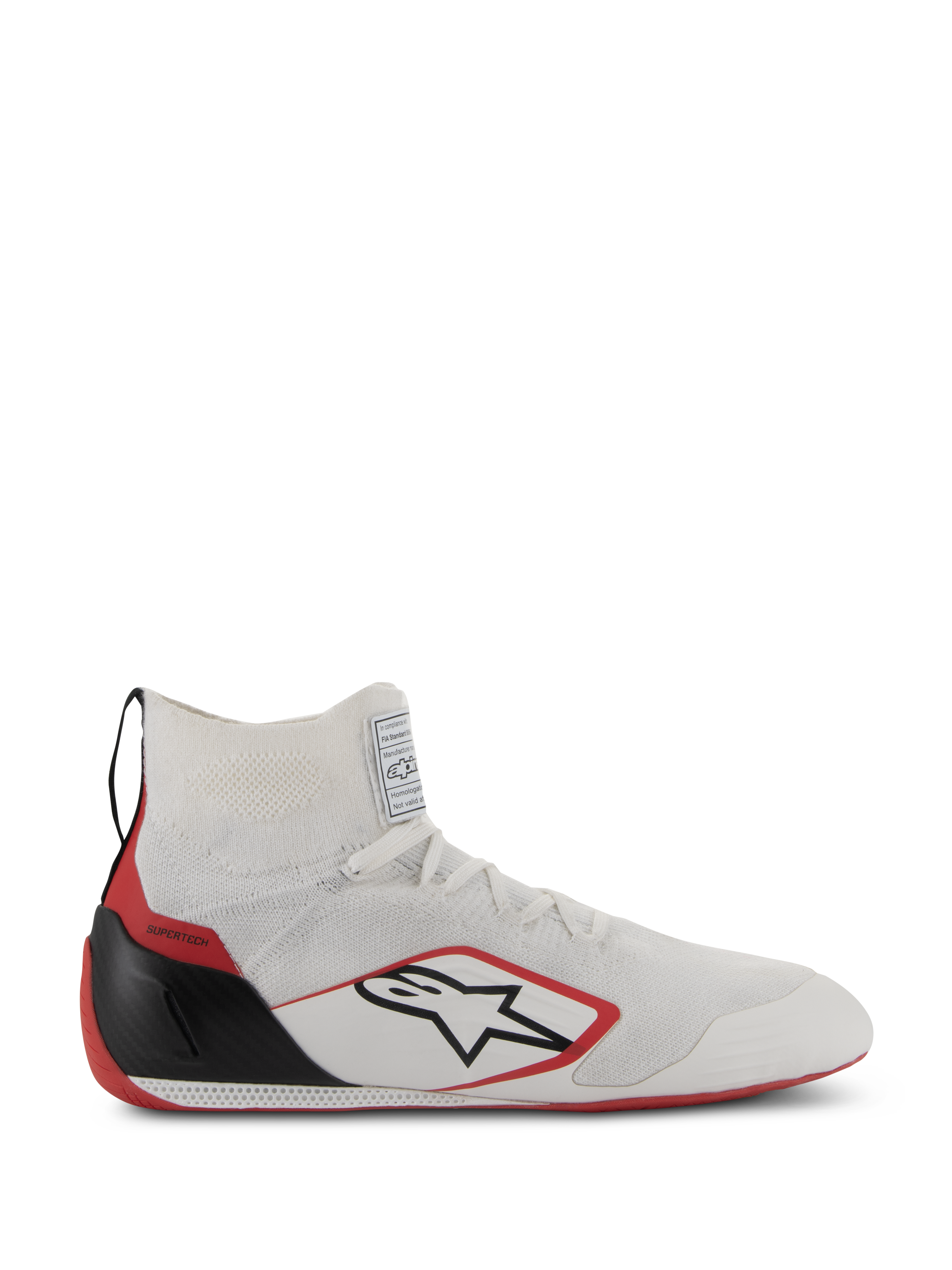 Alpinestars Supertech Shoes, buty wyścigowe z certyfikatem FIA/SFI, białe z czerwonymi i czarnymi akcentami, dzianinowa cholewka, karbonowa osłona pięty, czerwona podeszwa, smukła wysoka konstrukcja dla profesjonalnego motorsportu