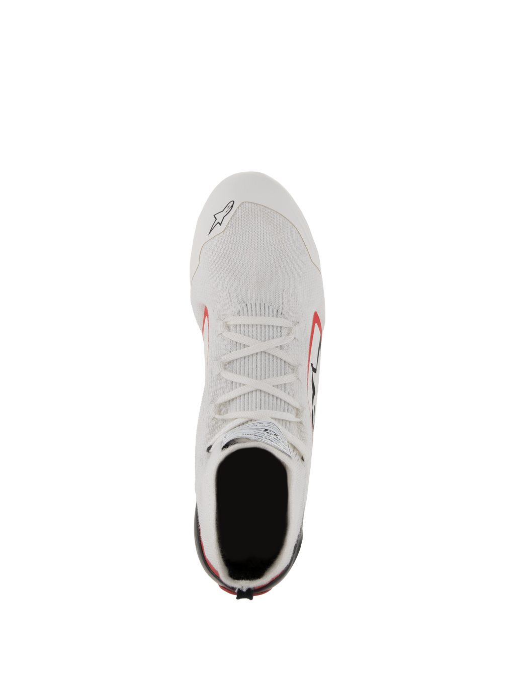 Alpinestars Supertech Shoes, buty wyścigowe, białe, czerwone i czarne, widok z góry prezentujący dzianinową cholewkę z włókien aramidowych, białe sznurowadła i karbonową stabilizację pięty, profesjonalne obuwie motorsportowe