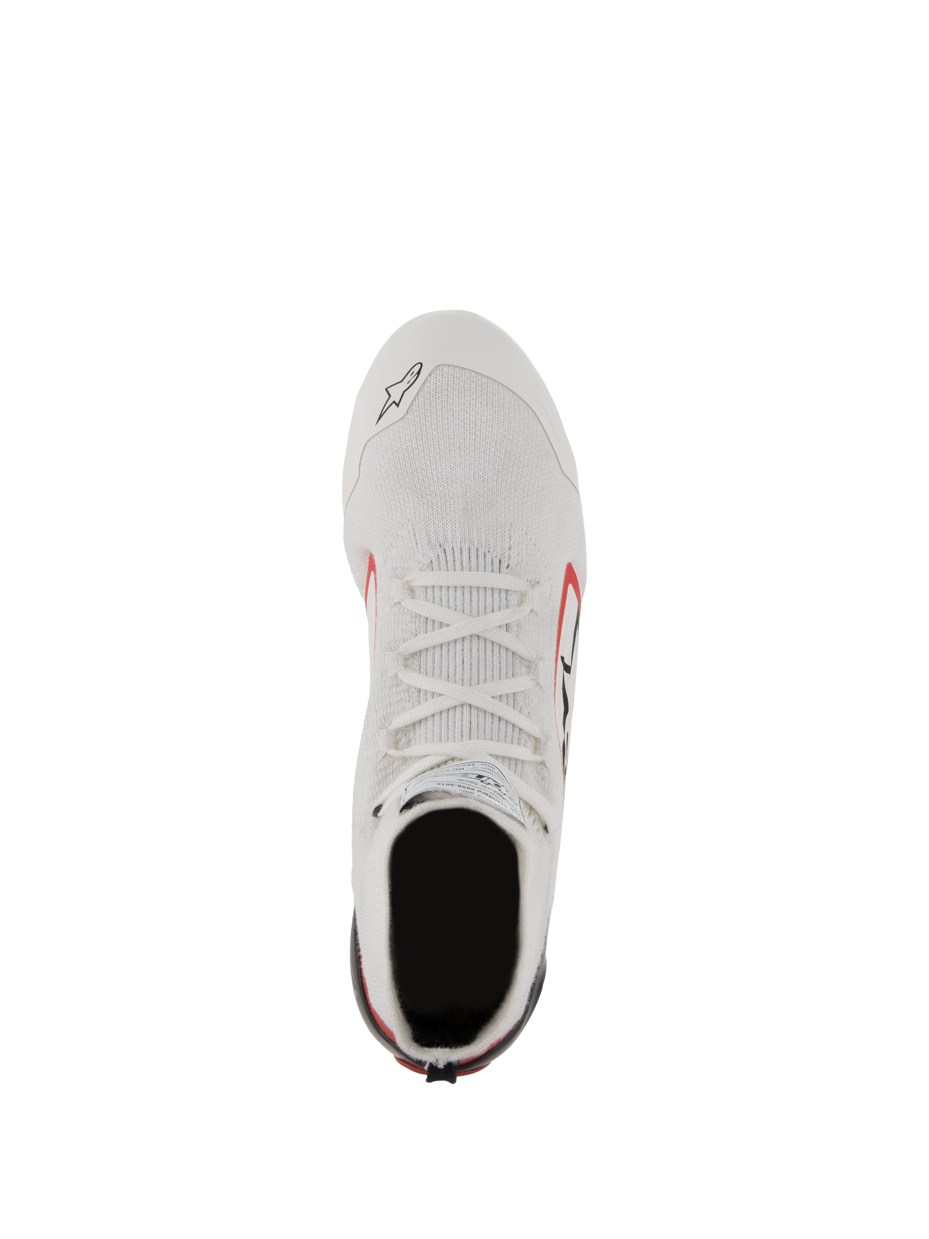 Alpinestars Supertech Shoes, buty wyścigowe, białe, czerwone i czarne, widok z góry prezentujący dzianinową cholewkę z włókien aramidowych, białe sznurowadła i karbonową stabilizację pięty, profesjonalne obuwie motorsportowe