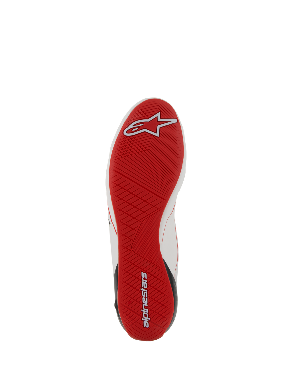 Buty Alpinestars Supertech, obuwie do wyścigów samochodowych, widok na czerwoną podeszwę zewnętrzną, ultracienka gumowa podeszwa z asymetrycznym bieżnikiem, biało-czerwone detale z logo, profesjonalne obuwie wyścigowe zapewniające optymalne wyczucie pedałów