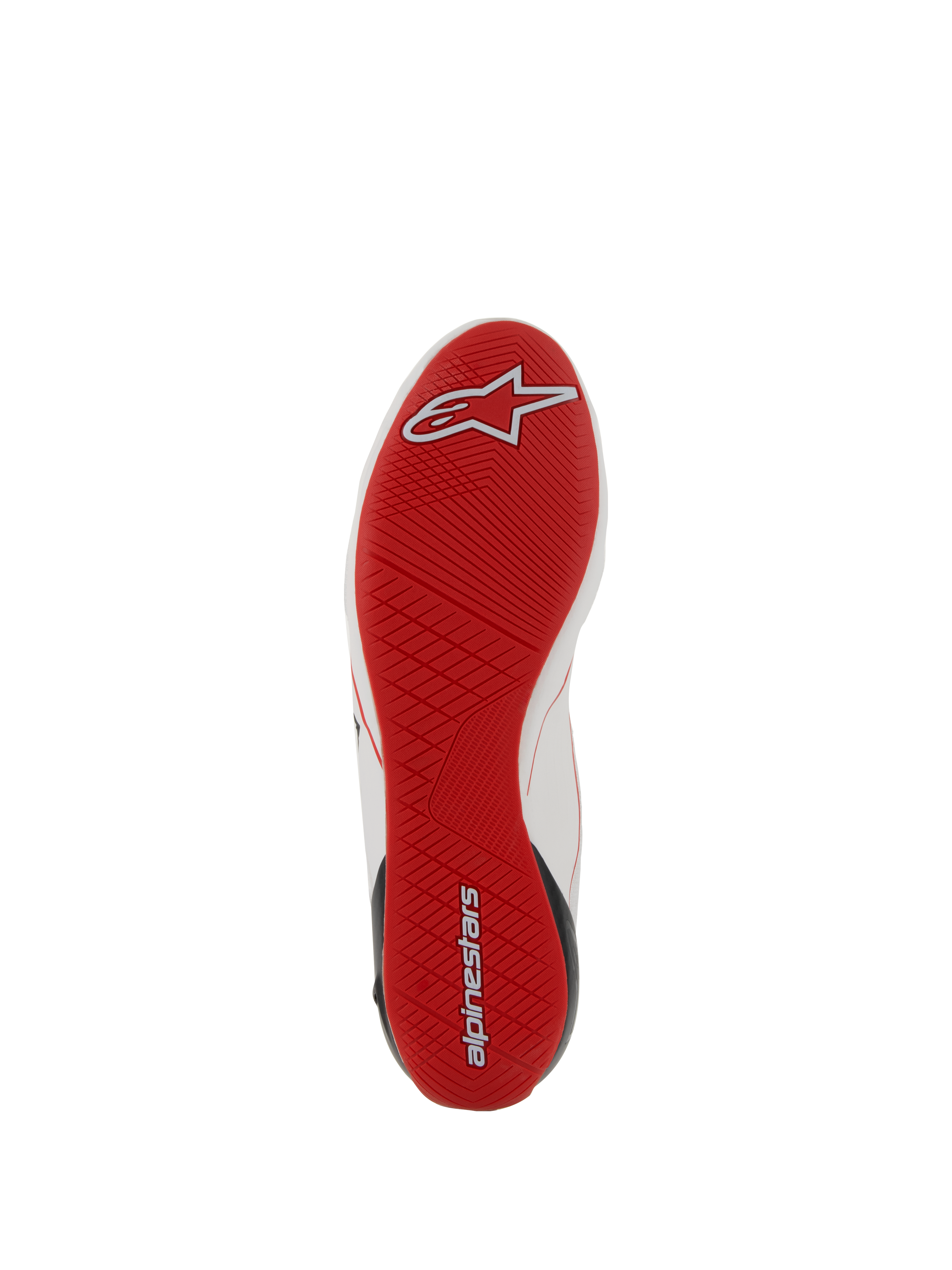 Buty Alpinestars Supertech, obuwie do wyścigów samochodowych, widok na czerwoną podeszwę zewnętrzną, ultracienka gumowa podeszwa z asymetrycznym bieżnikiem, biało-czerwone detale z logo, profesjonalne obuwie wyścigowe zapewniające optymalne wyczucie pedałów