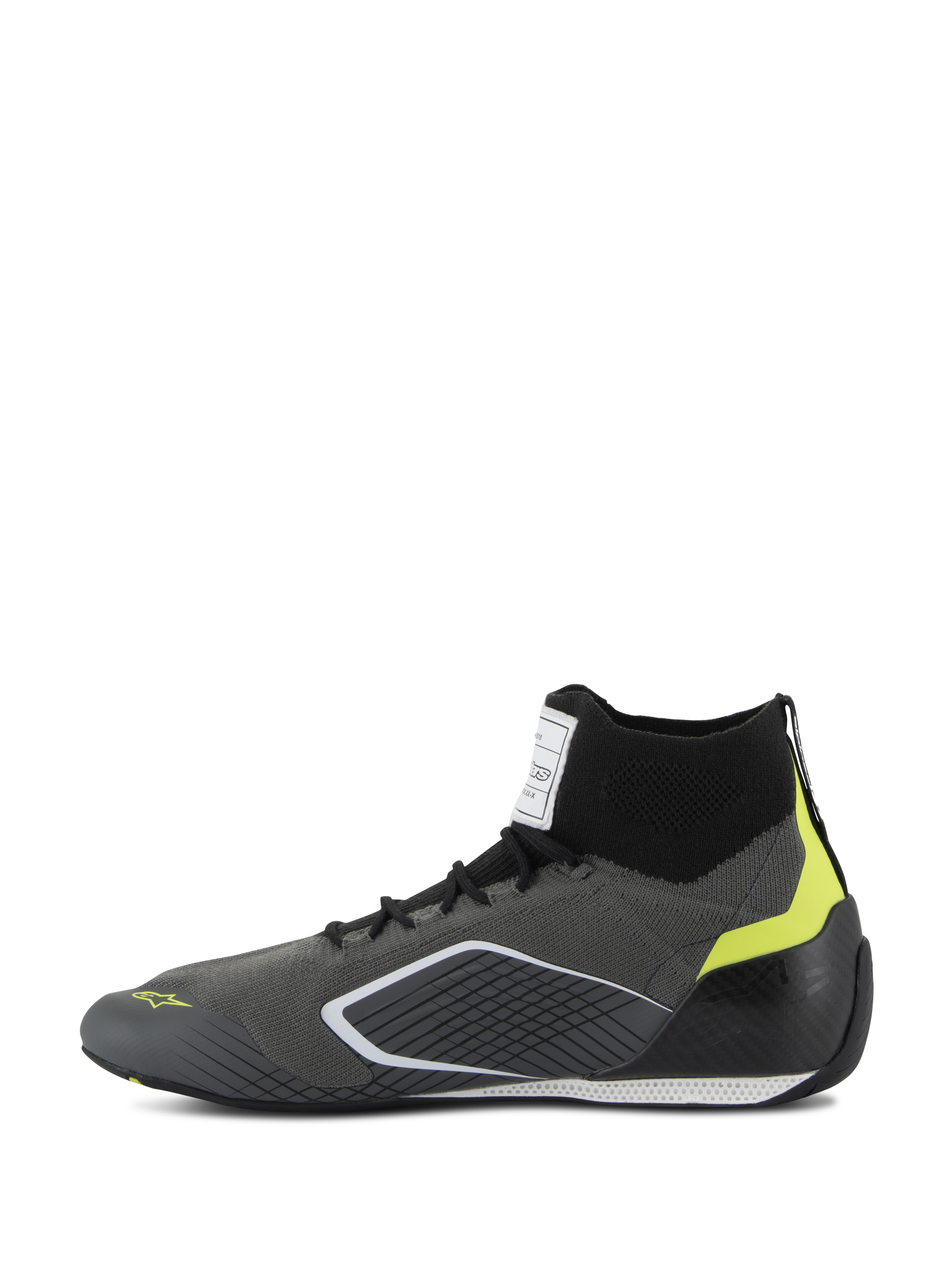 Alpinestars Supertech Shoes - FIA/SFI, Auto Racing Shoes, Gray and Black with Fluo Yellow accents, Side profile view, featuring a knitted aramid upper and carbon fiber heel cup, professional motorsport footwear