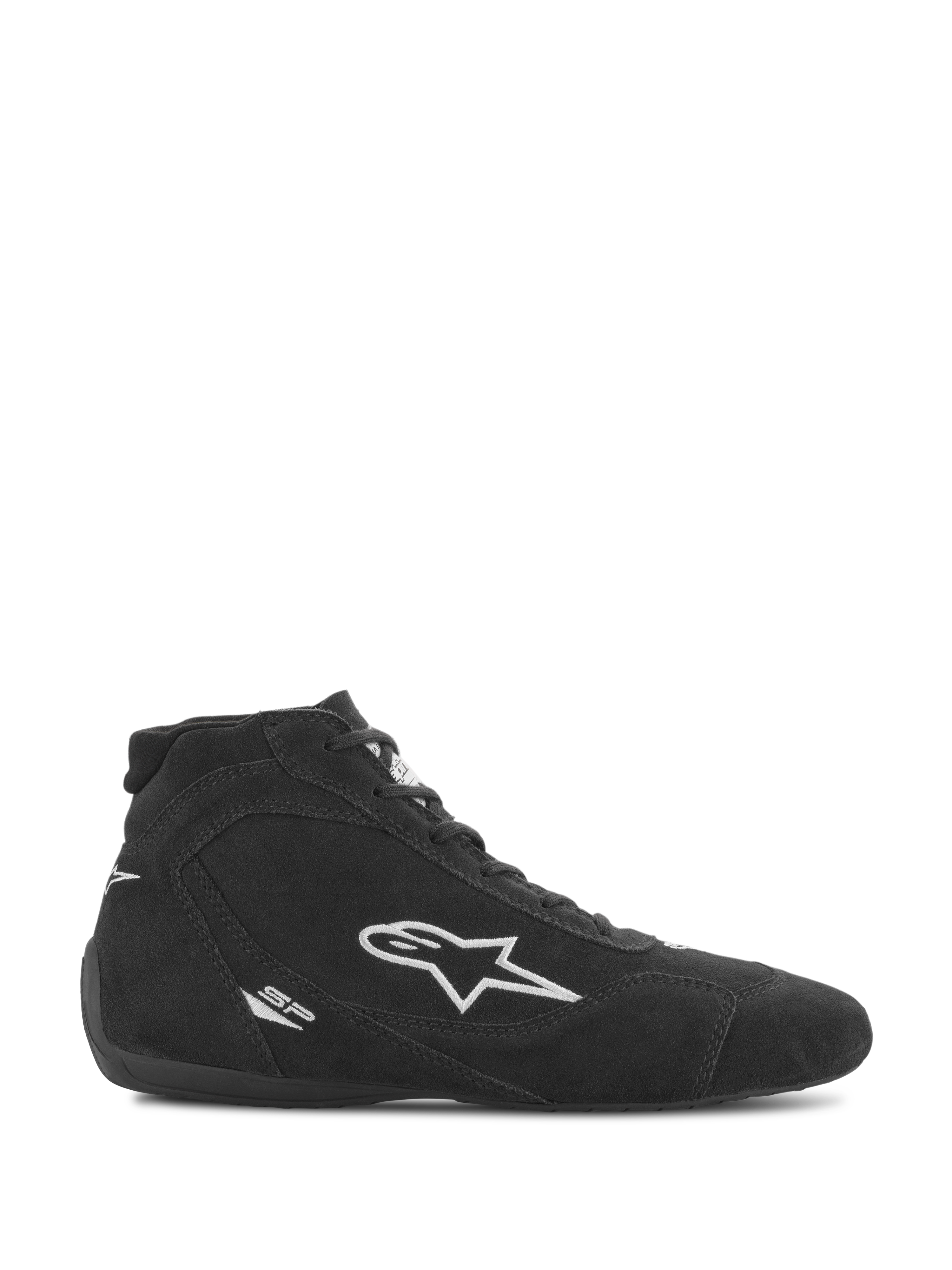 Buty Alpinestars SP V2, obuwie wyścigowe, czarny zamsz z białym logo gwiazdy Alpinestars, wysoki profil, sznurowane, ultracienka podeszwa wyścigowa, smukły design motorsportowy