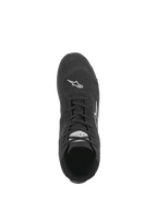 Alpinestars SP V2 Shoes, Auto Racing Shoes, Black, top-down view showing the asymmetric lacing system, premium suede construction, and white Astars logo branding on the toe