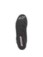 Alpinestars SP V2 Shoes, Auto Racing Shoes, Black, bottom view of the ultra-thin Formula 1 specification sole, textured grip for pedal feel, featuring white Alpinestars logos on the heel and midfoot
