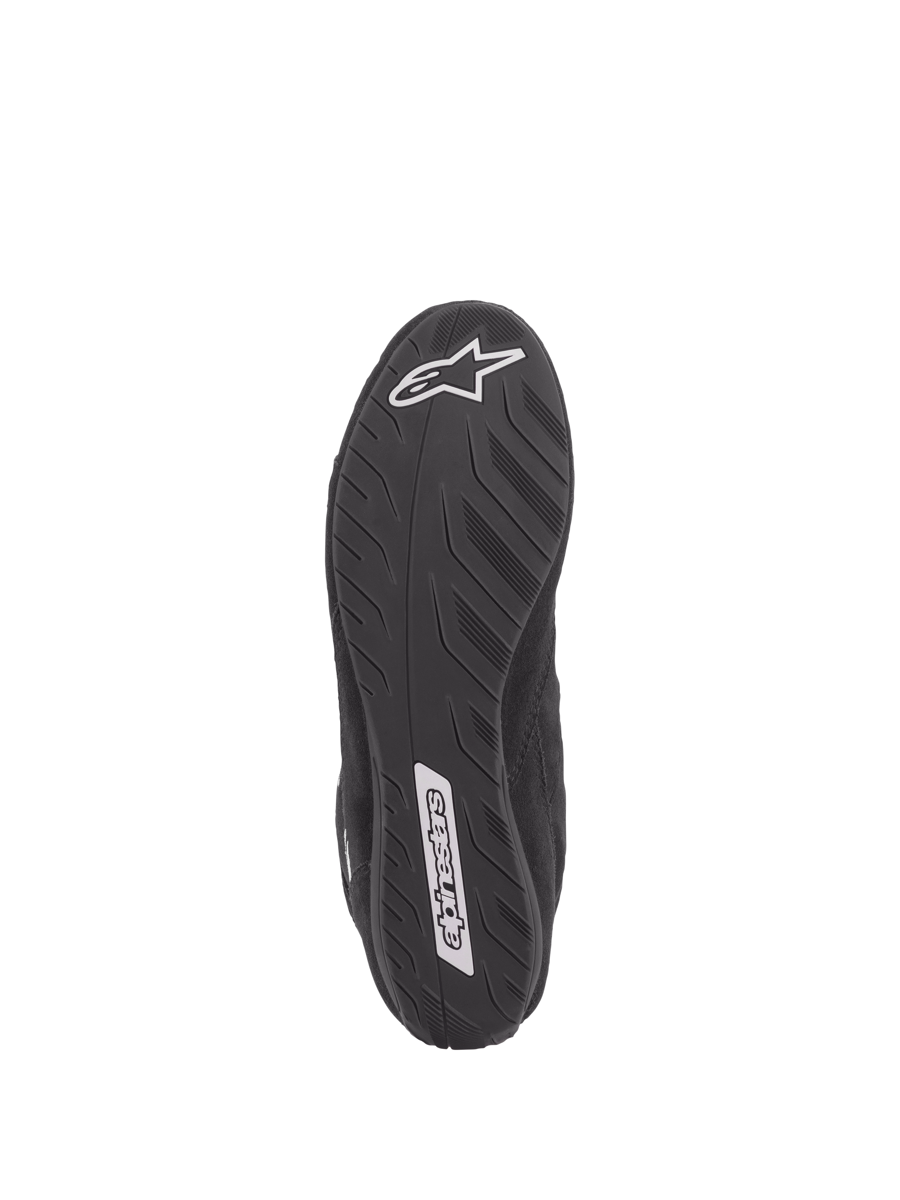 Alpinestars SP V2 Shoes, Auto Racing Shoes, Black, bottom view of the ultra-thin Formula 1 specification sole, textured grip for pedal feel, featuring white Alpinestars logos on the heel and midfoot