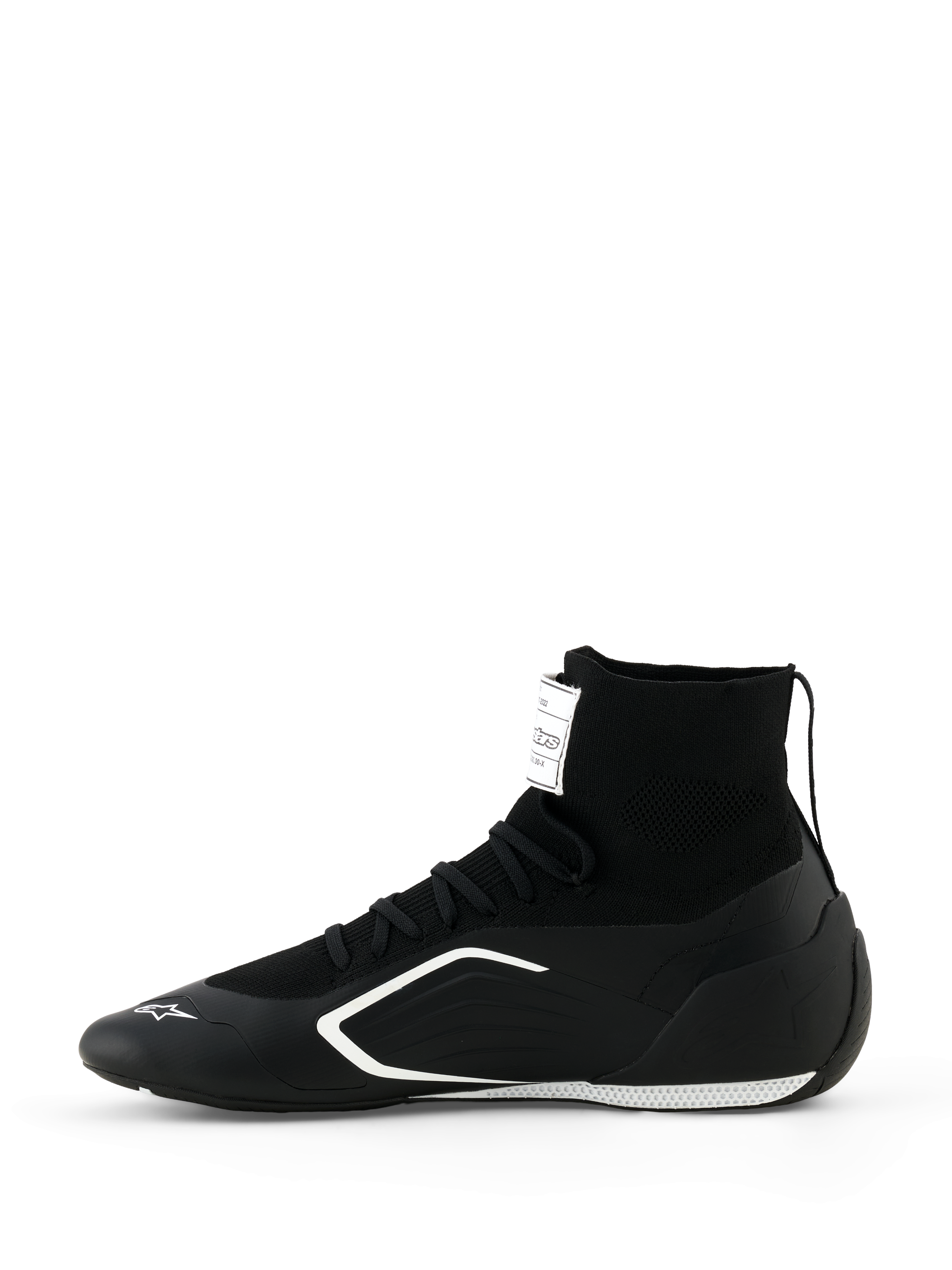 Alpinestars Supertech K Shoes - FIA, Karting Shoes, Black and White, side profile view, featuring a fully knitted high-top construction, white angular side graphics, and white logo on the toe, technical racing footwear