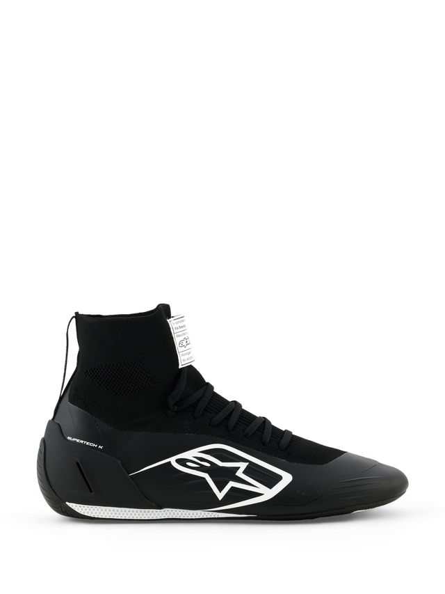 Alpinestars Supertech K Shoes FIA, Karting Racing Shoes, Black with White Logo, High-Top Design with Sock-Like Ankle, FIA Certified, Textured White Sole