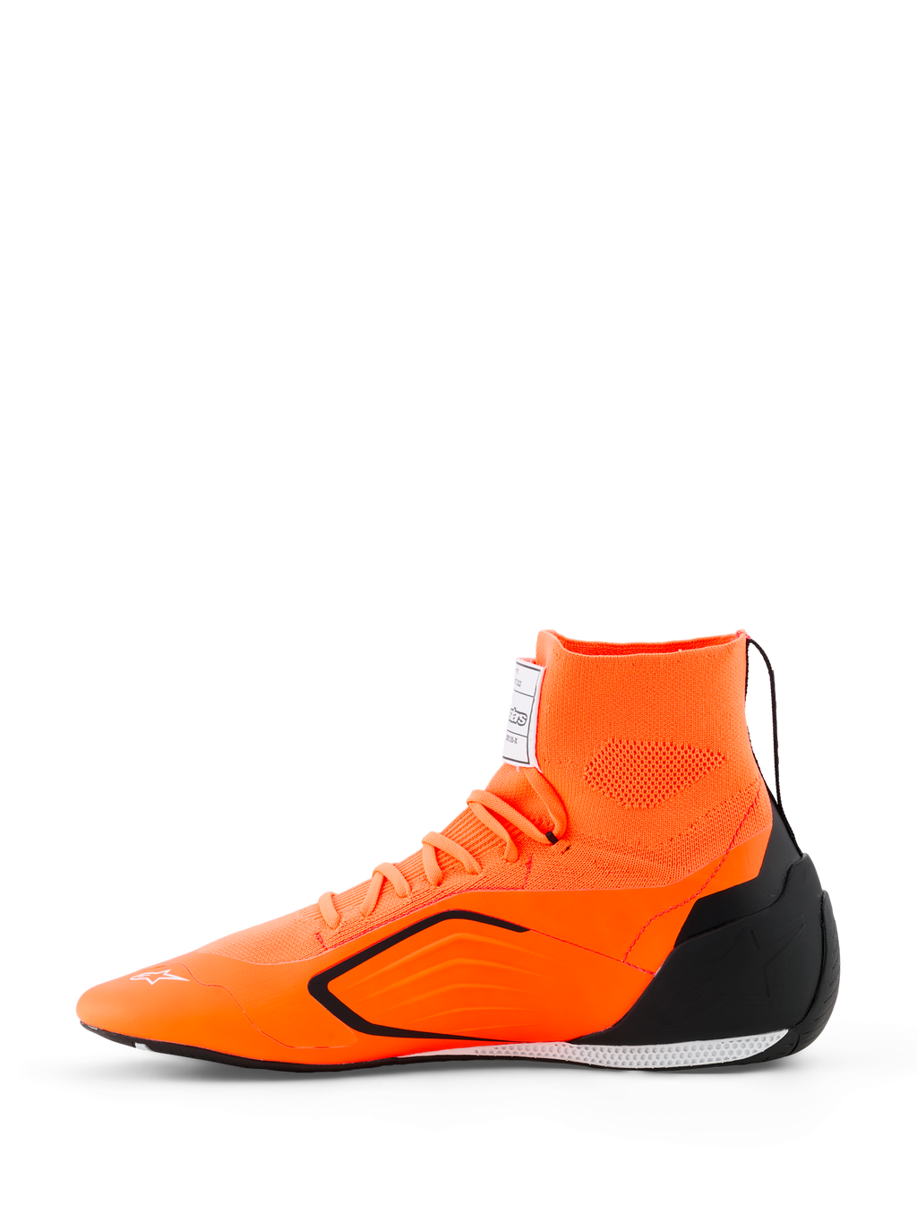 Alpinestars Supertech K Shoes - FIA, buty kartingowe, pomarańczowy fluo, czarny i biały, widok z boku z bezszwową dzianinową cholewką, zintegrowanym kołnierzem, czarnym wzmocnieniem pięty TPU i ultracienką podeszwą