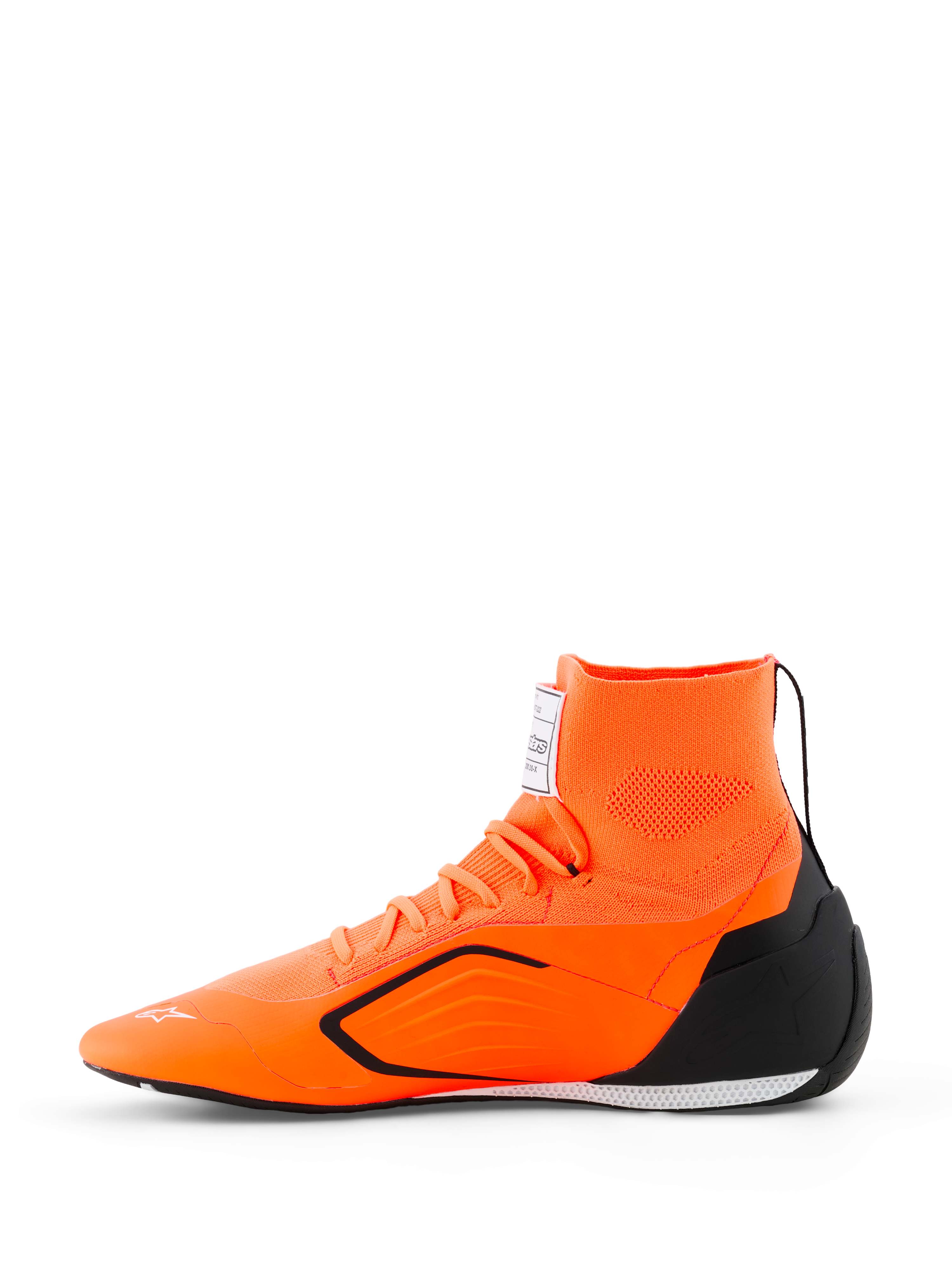 Alpinestars Supertech K Shoes - FIA, buty kartingowe, pomarańczowy fluo, czarny i biały, widok z boku z bezszwową dzianinową cholewką, zintegrowanym kołnierzem, czarnym wzmocnieniem pięty TPU i ultracienką podeszwą