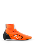 Buty Alpinestars Supertech K - FIA, buty wyścigowe do kartingu, pomarańczowy fluo z czarnymi i białymi akcentami, wysoka dzianinowa konstrukcja z białym logo gwiazdy, czarny zapiętek TPU, ultracienka podeszwa wyścigowa, profil boczny