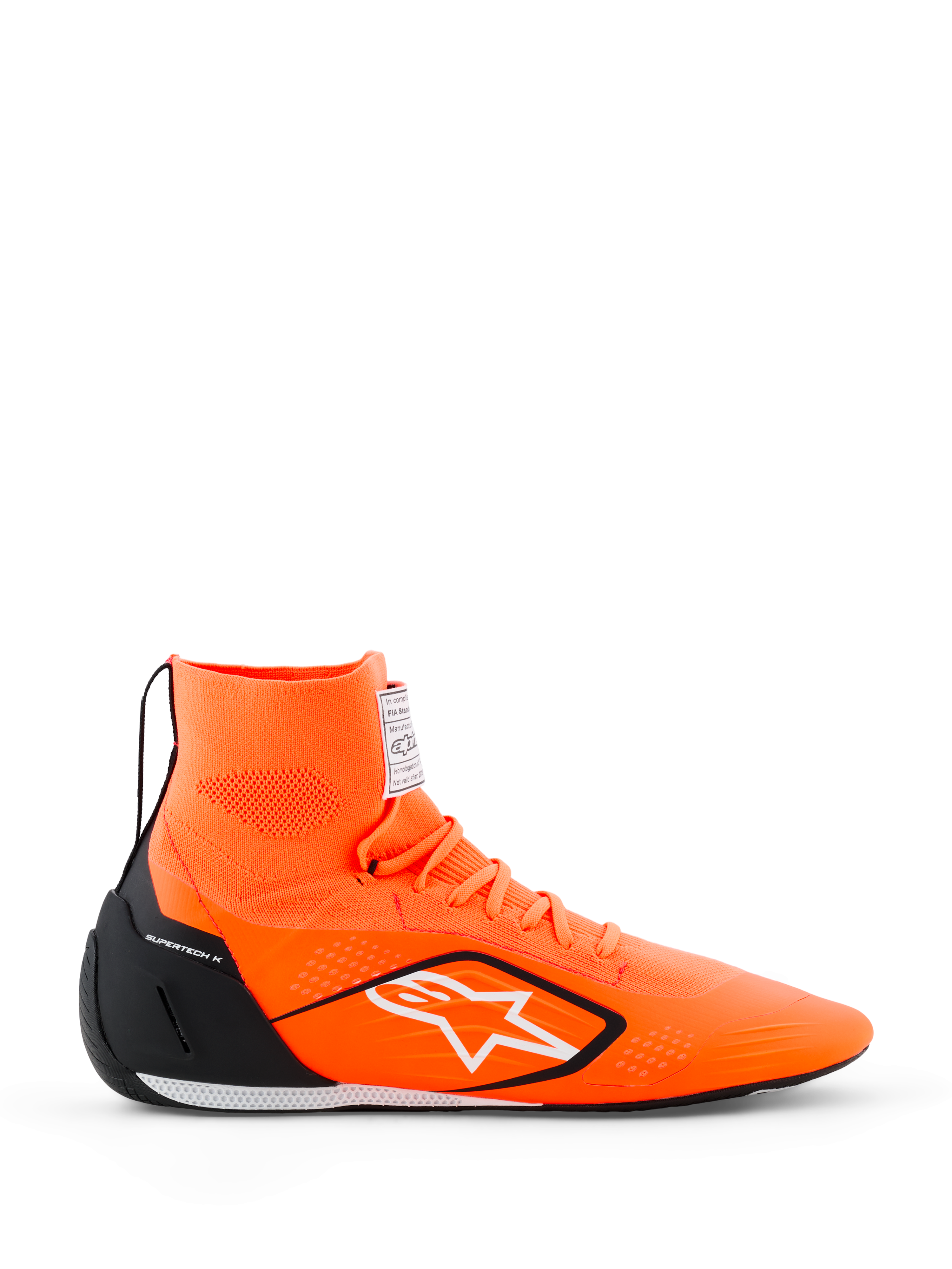 Buty Alpinestars Supertech K - FIA, buty wyścigowe do kartingu, pomarańczowy fluo z czarnymi i białymi akcentami, wysoka dzianinowa konstrukcja z białym logo gwiazdy, czarny zapiętek TPU, ultracienka podeszwa wyścigowa, profil boczny