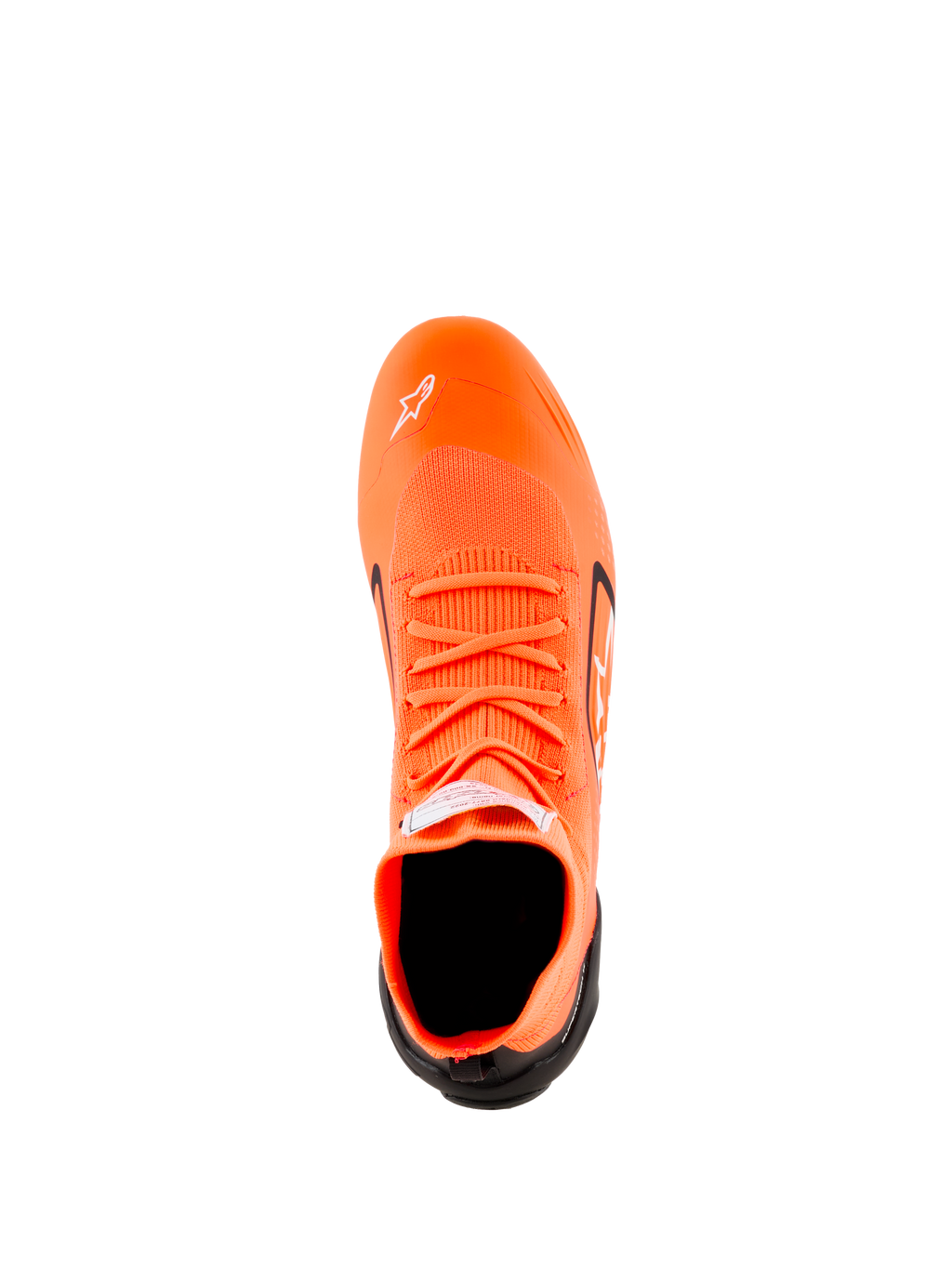 Alpinestars Supertech K Shoes - FIA, buty kartingowe, pomarańczowe fluo, czarne i białe, widok z góry pokazujący dzianą konstrukcję cholewki, pomarańczowe sznurowadła, białe logo Astars na czubku i czarny zapiętek