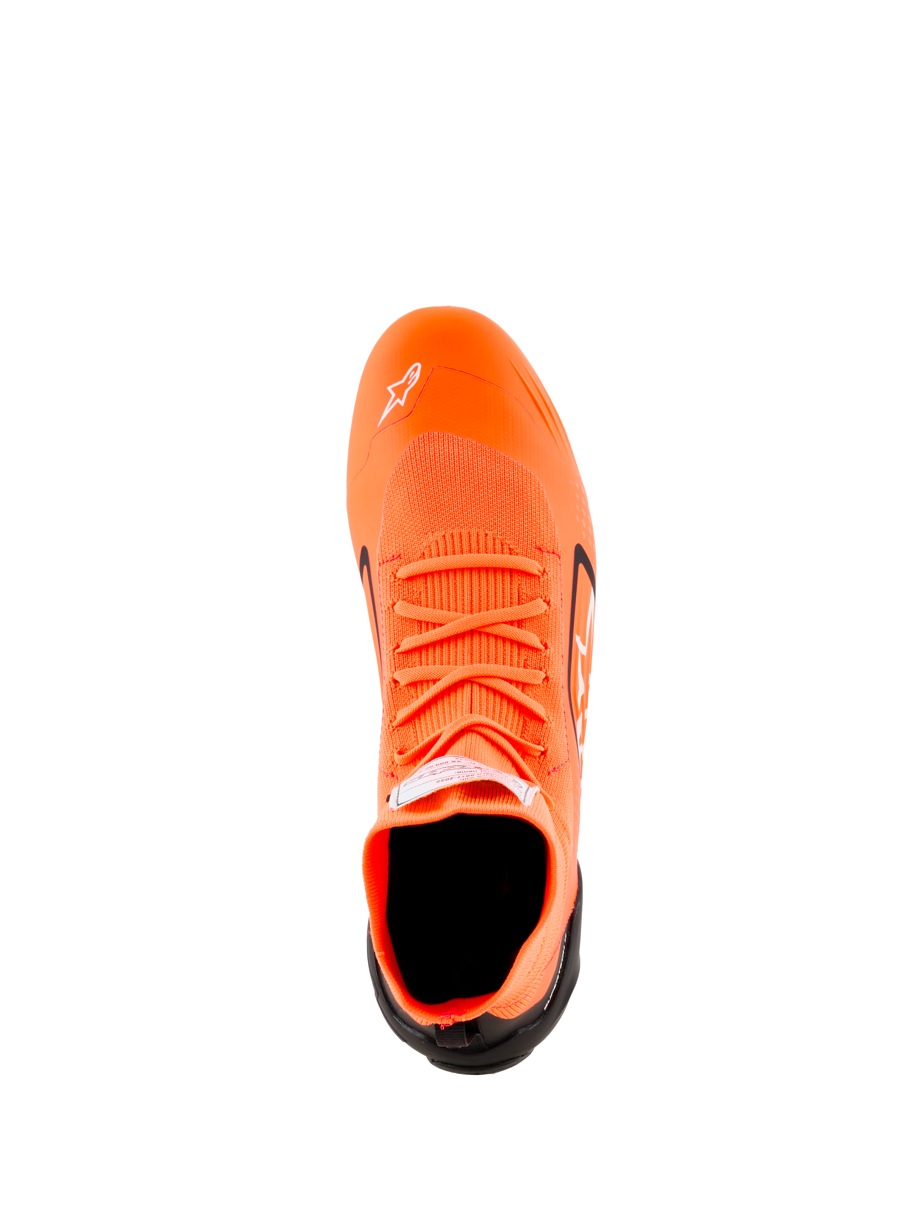 Alpinestars Supertech K Shoes - FIA, buty kartingowe, pomarańczowe fluo, czarne i białe, widok z góry pokazujący dzianą konstrukcję cholewki, pomarańczowe sznurowadła, białe logo Astars na czubku i czarny zapiętek