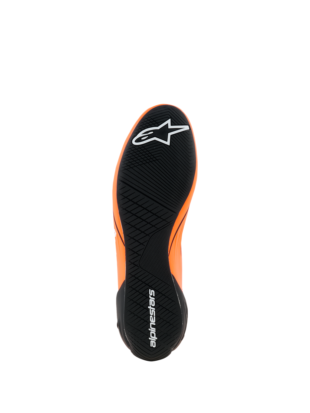Alpinestars Supertech K Shoes - FIA, buty kartingowe, pomarańczowy fluo, czarny i biały, widok czarnej gumowej podeszwy zewnętrznej z asymetrycznym wzorem bieżnika, białe logo Alpinestars na palcach i pięcie, ultracienka wyczynowa podeszwa