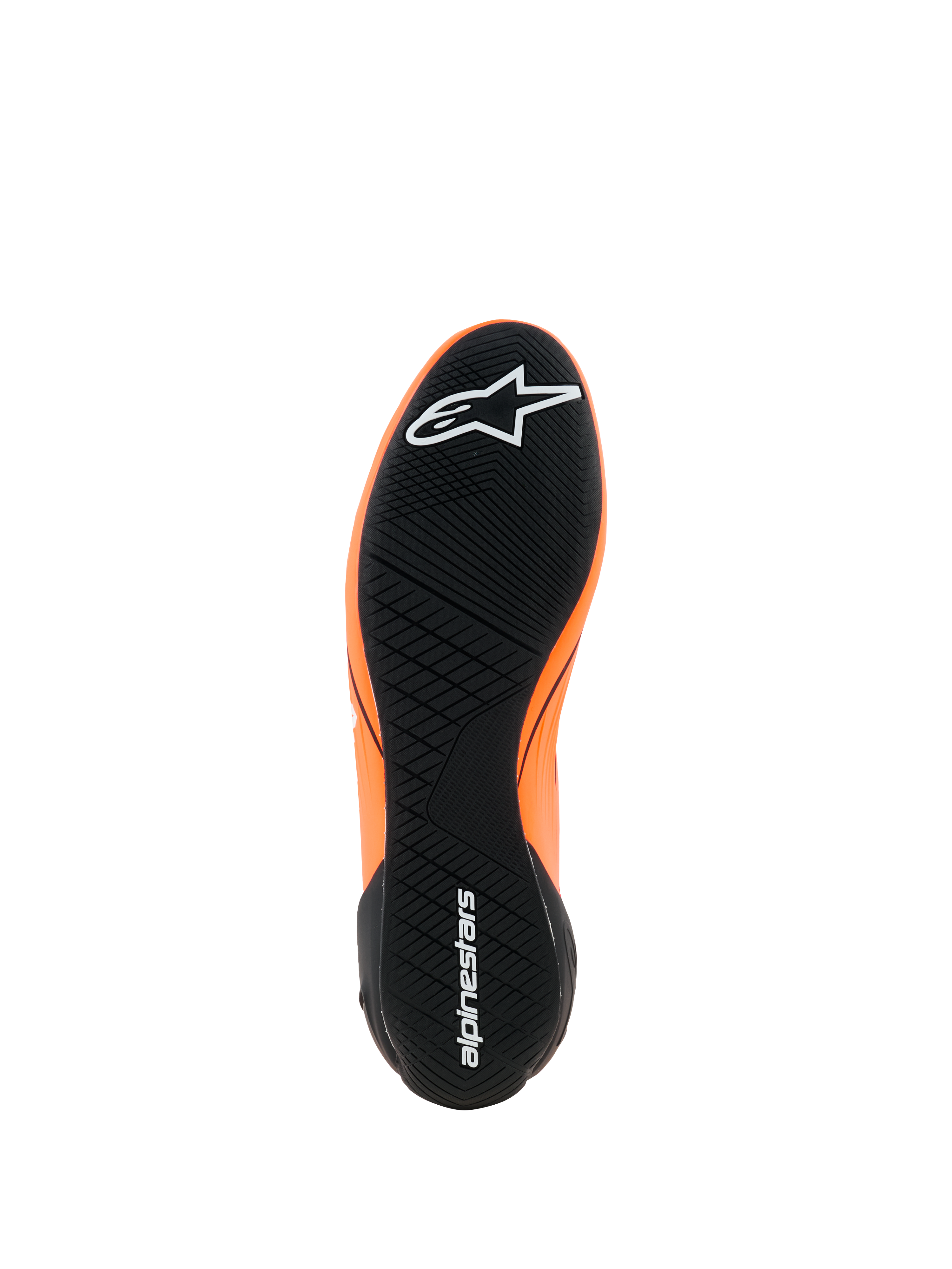 Alpinestars Supertech K Shoes - FIA, buty kartingowe, pomarańczowy fluo, czarny i biały, widok czarnej gumowej podeszwy zewnętrznej z asymetrycznym wzorem bieżnika, białe logo Alpinestars na palcach i pięcie, ultracienka wyczynowa podeszwa