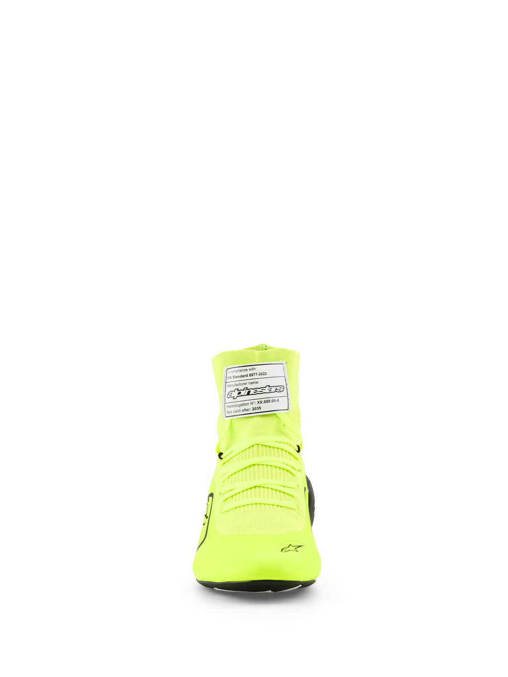 Alpinestars Supertech K Shoes, buty kartingowe FIA, żółty fluo czarny biały, widok z przodu ukazujący dzianinową konstrukcję cholewki, neonowożółte sznurowadła i białą metkę z certyfikatem FIA na kostce